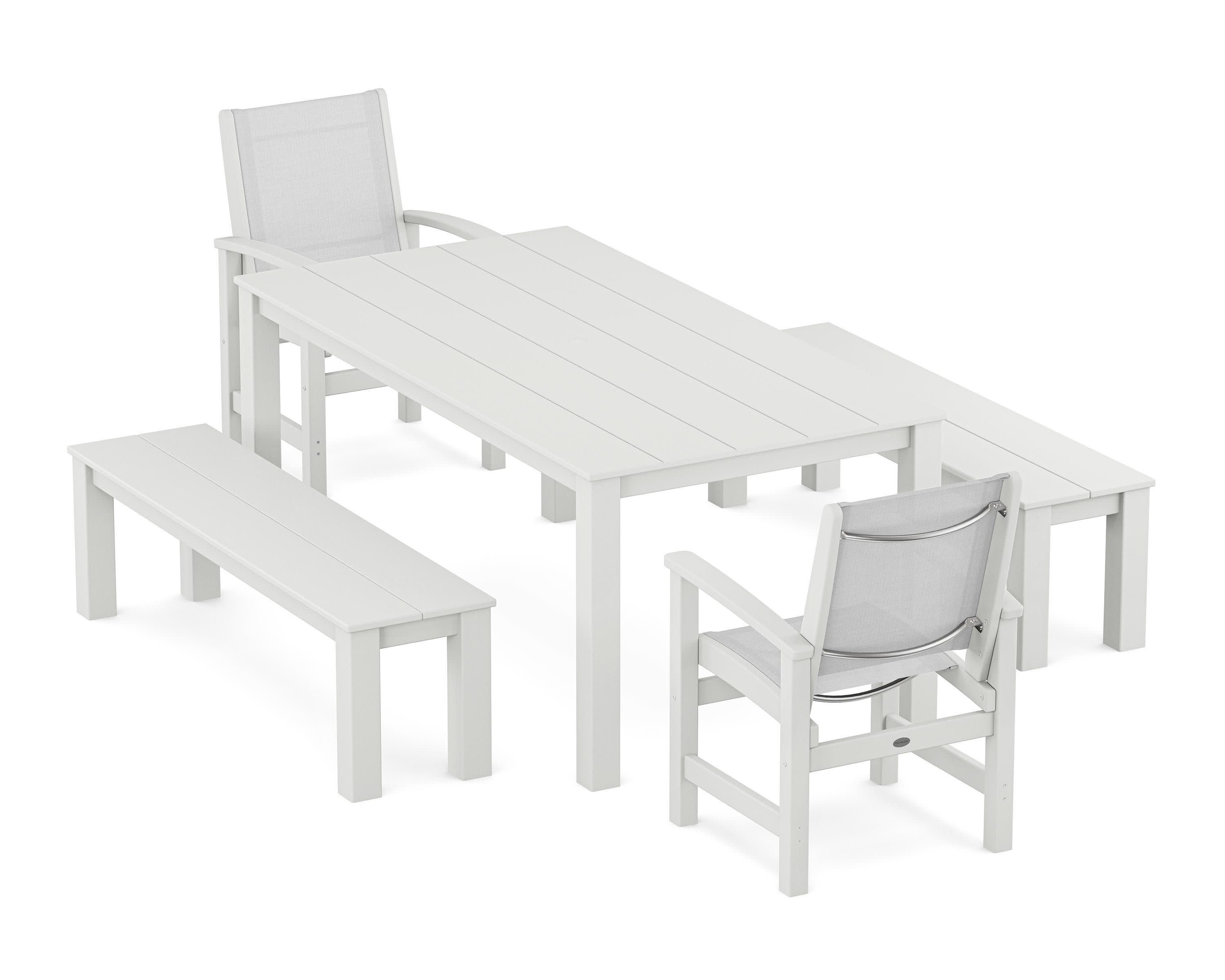 Coastal 5-Piece Parsons Dining Set with Benches in White / White Sling