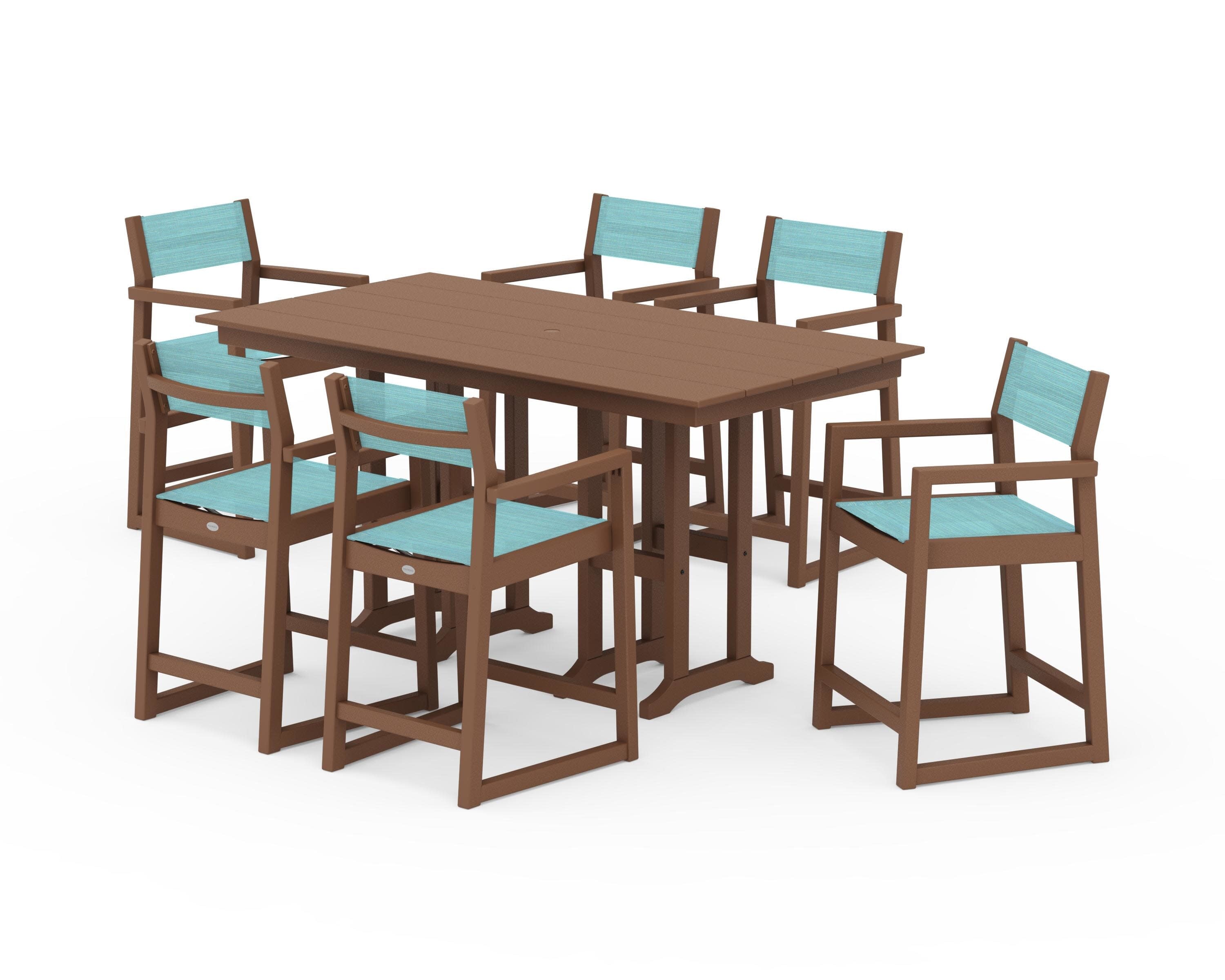 EDGE Sling Arm Chair 7-Piece Farmhouse Counter Set in Teak / Dupioni Aquamarine Sling