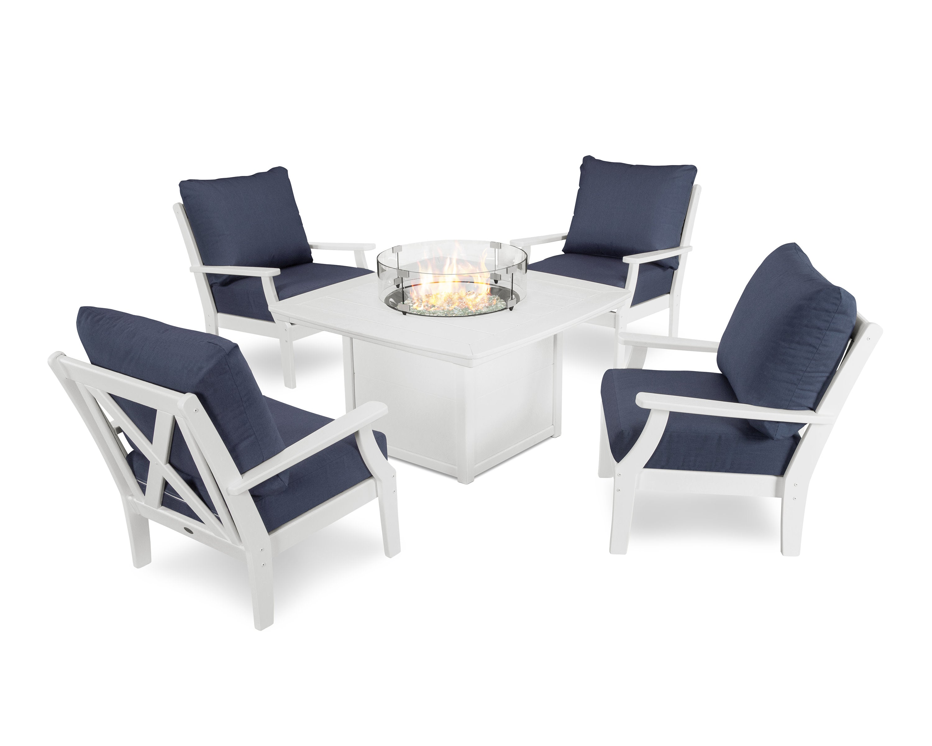 Braxton 5-Piece Deep Seating Conversation Set with Fire Pit Table in White / Spectrum Indigo