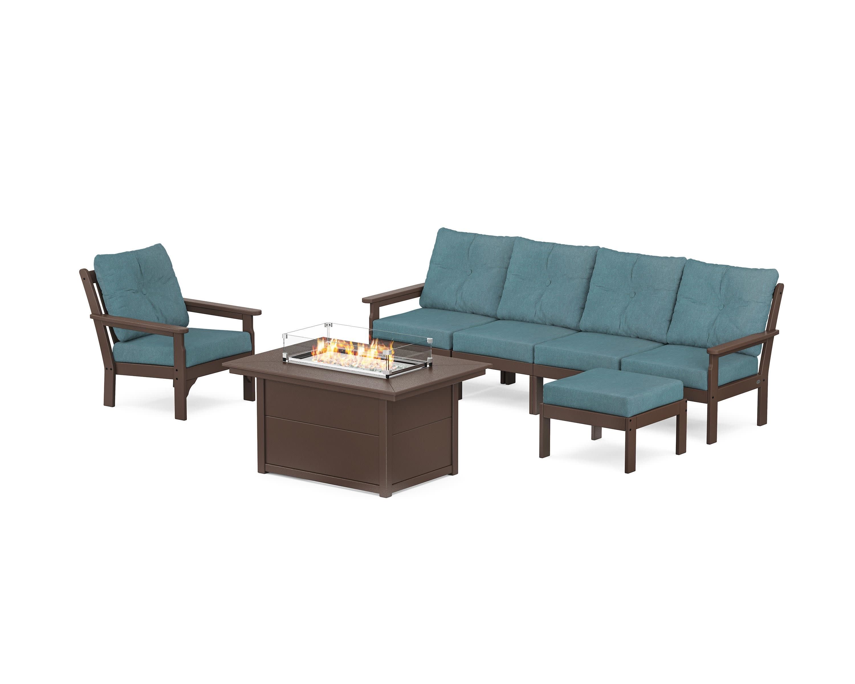 Vineyard Sectional Lounge and Fire Pit Set in Mahogany / Ocean Teal