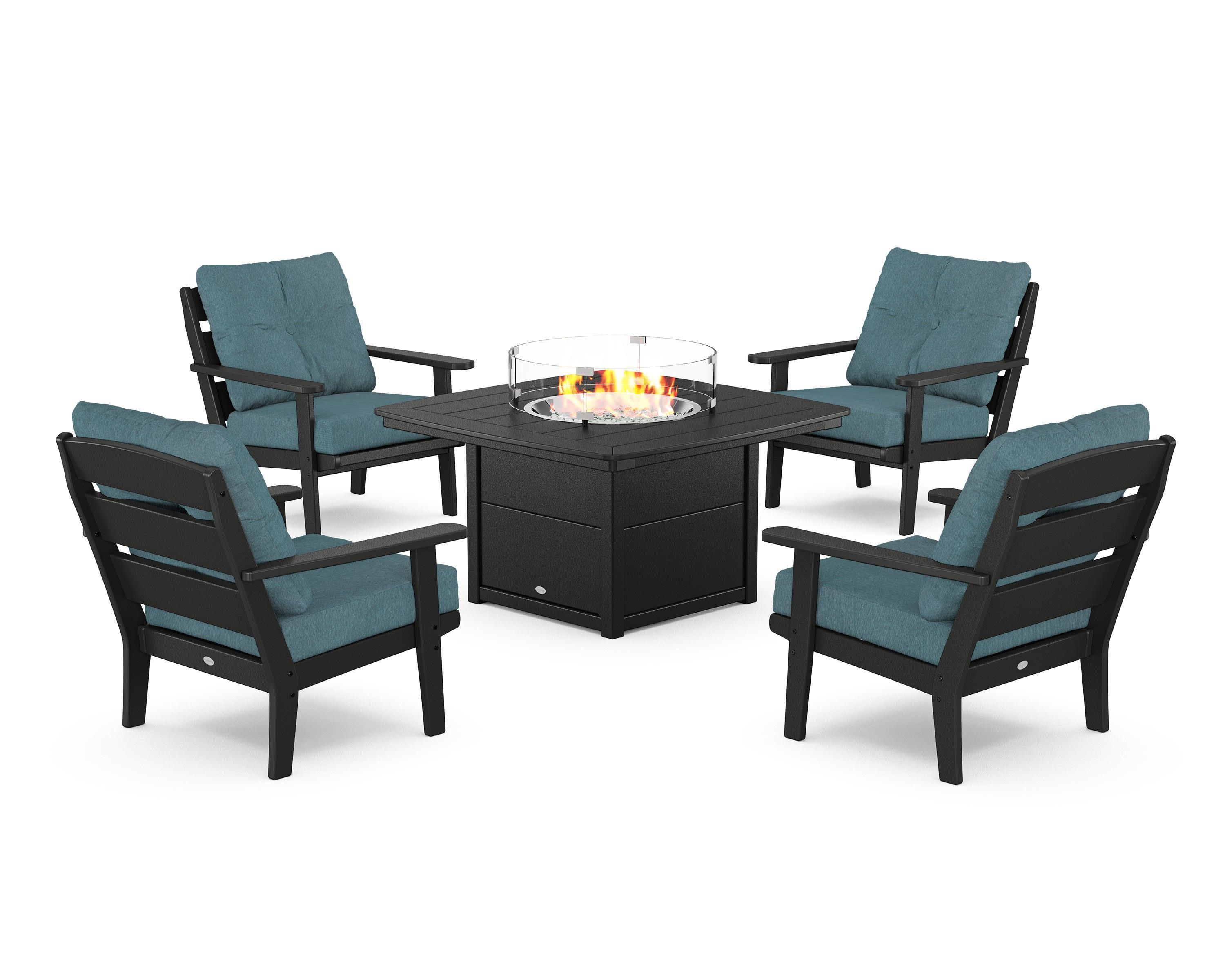 Lakeside 5-Piece Deep Seating Set with Nautical Fire Pit Table in Black / Ocean Teal