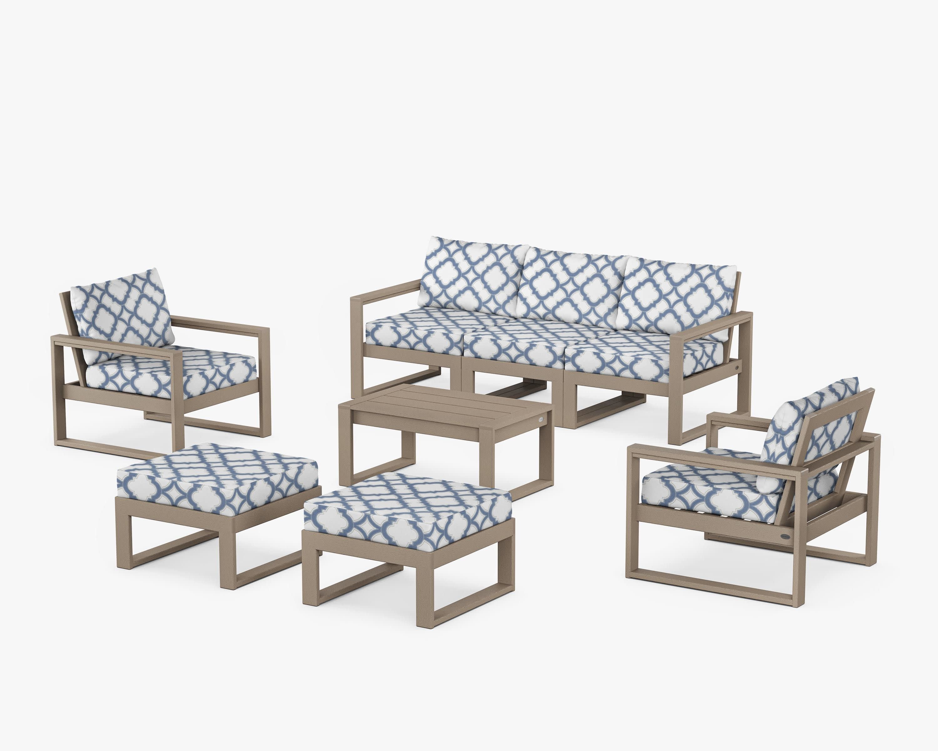 EDGE Sectional 8-Piece Lounge Sofa Set in Vintage Sahara / Trellis Sky Blue