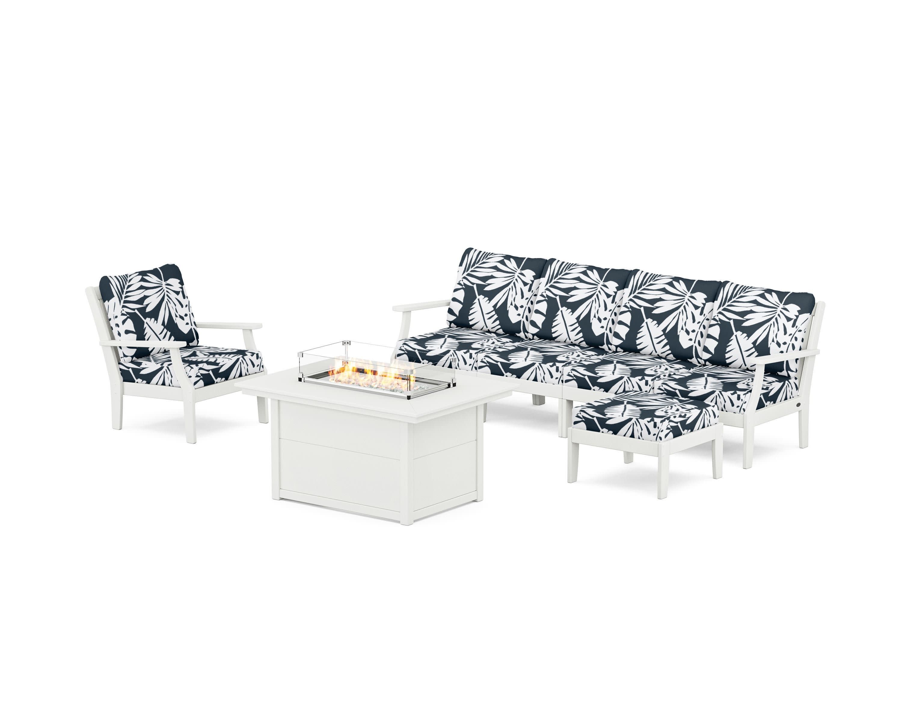 Braxton Sectional Lounge and Fire Pit Set in Vintage White / Leaf Marine Indigo