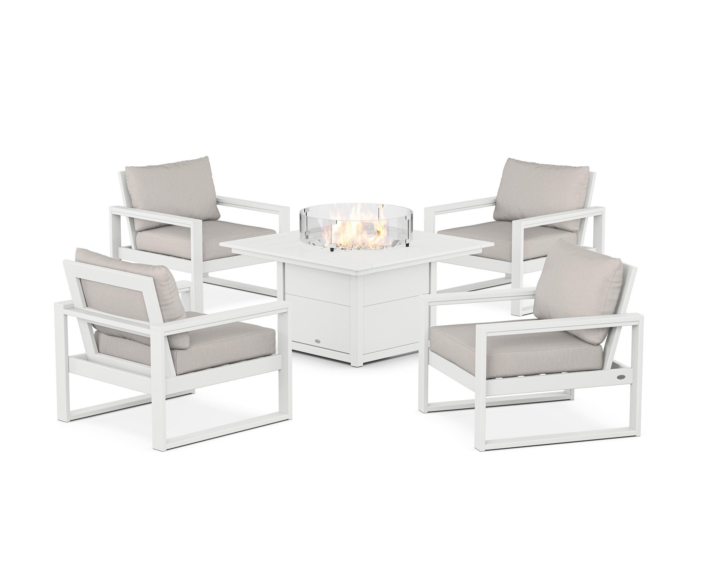 EDGE Sectional 5-Piece Deep Seating Set with Fire Pit Table in White / Cast Ash