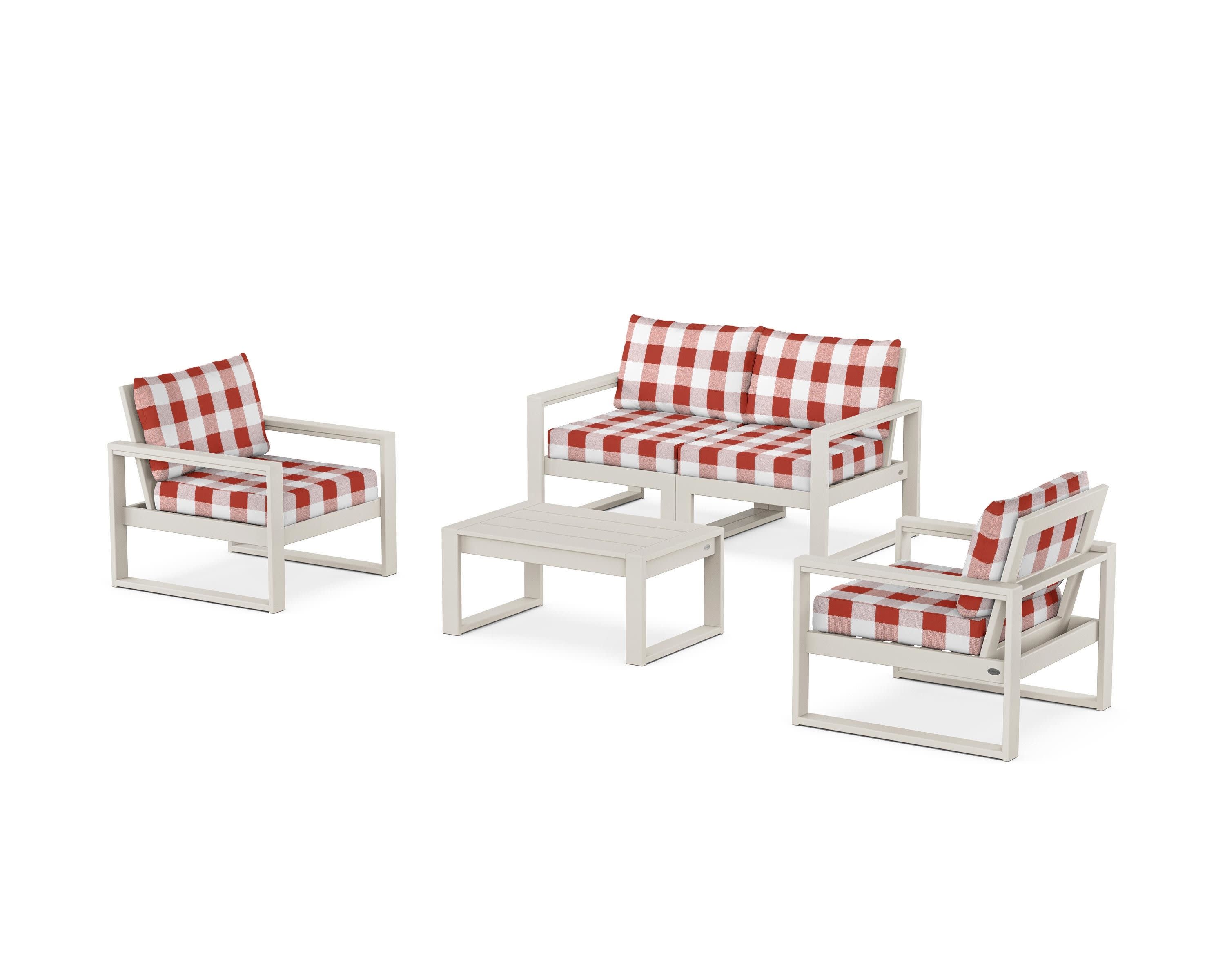 EDGE Sectional 4-Piece Deep Seating Set with Loveseat in Sand / Buffalo Plaid Crimson