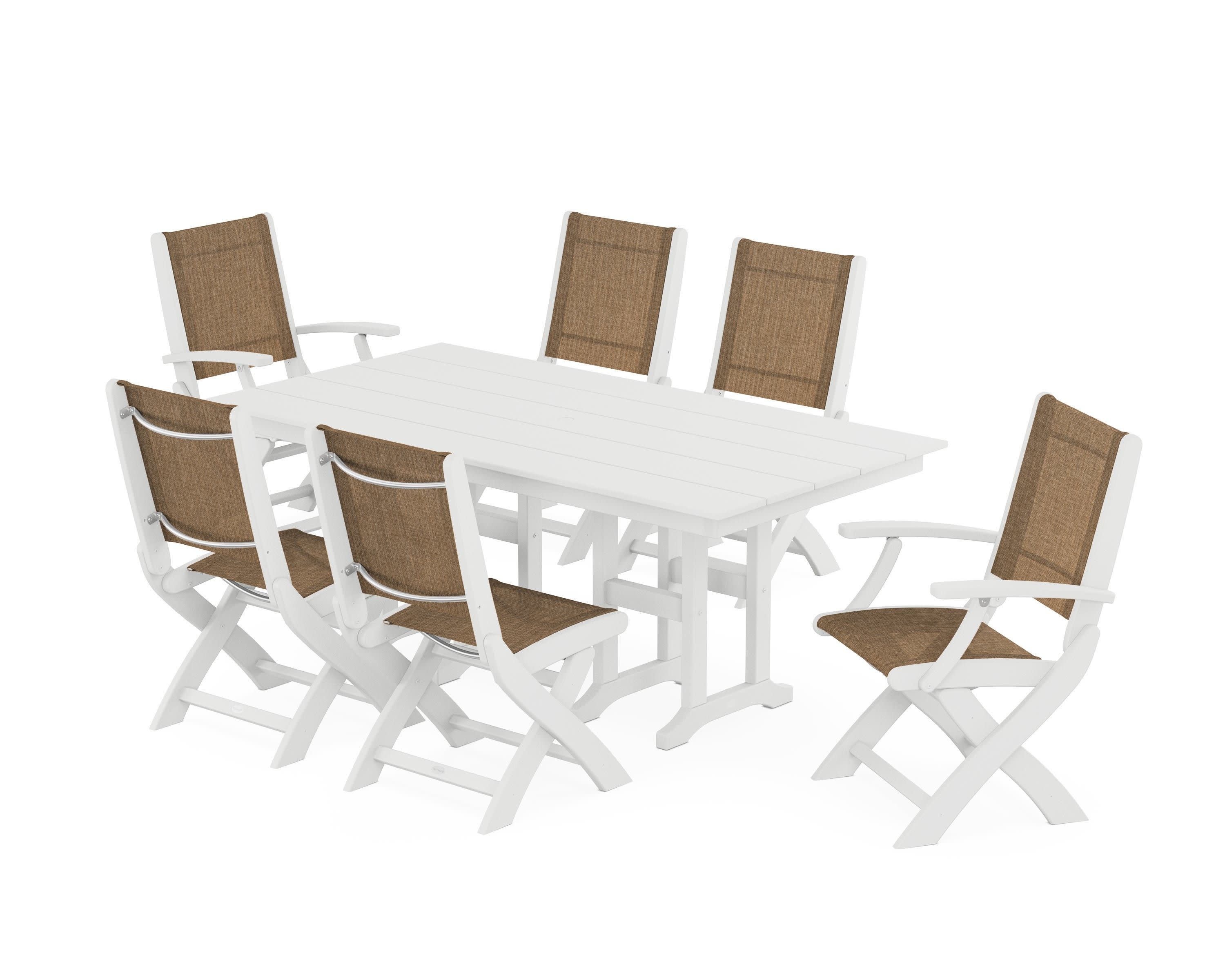 Coastal Folding Chair 7-Piece Farmhouse Dining Set in White / Burlap Sling
