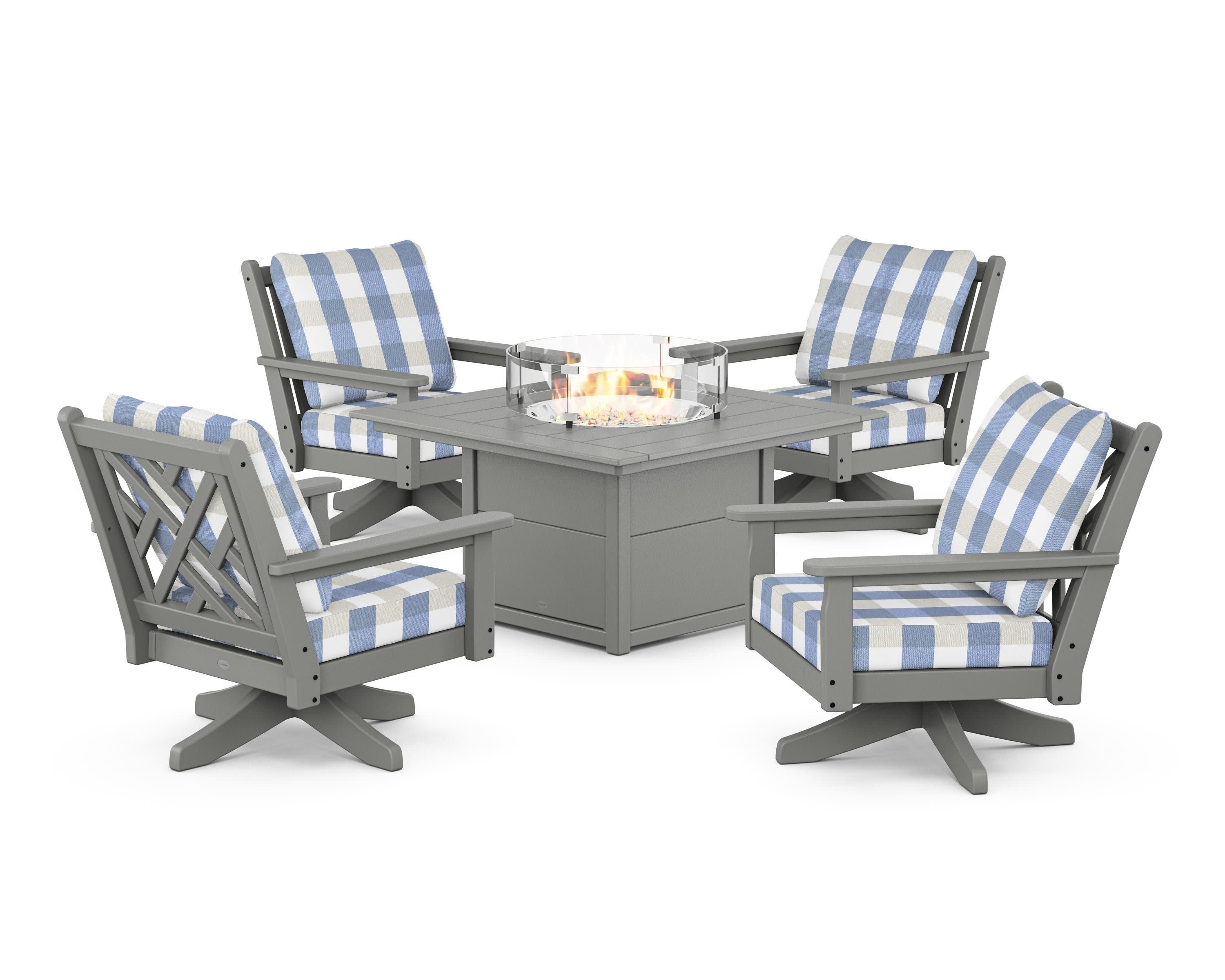 Chippendale 5-Piece Deep Seating Swivel Conversation Set with Fire Pit Table in Slate Grey / Buffalo Plaid Sky Blue