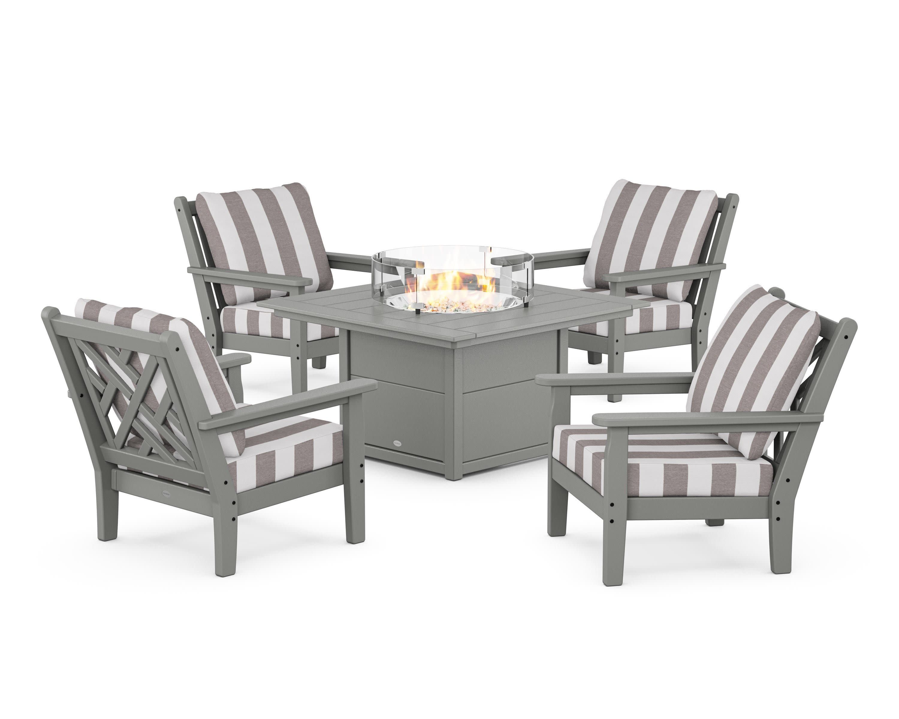 Chippendale 5-Piece Deep Seating Set with Fire Pit Table in Slate Grey / Cabana Stripe Grey Mist