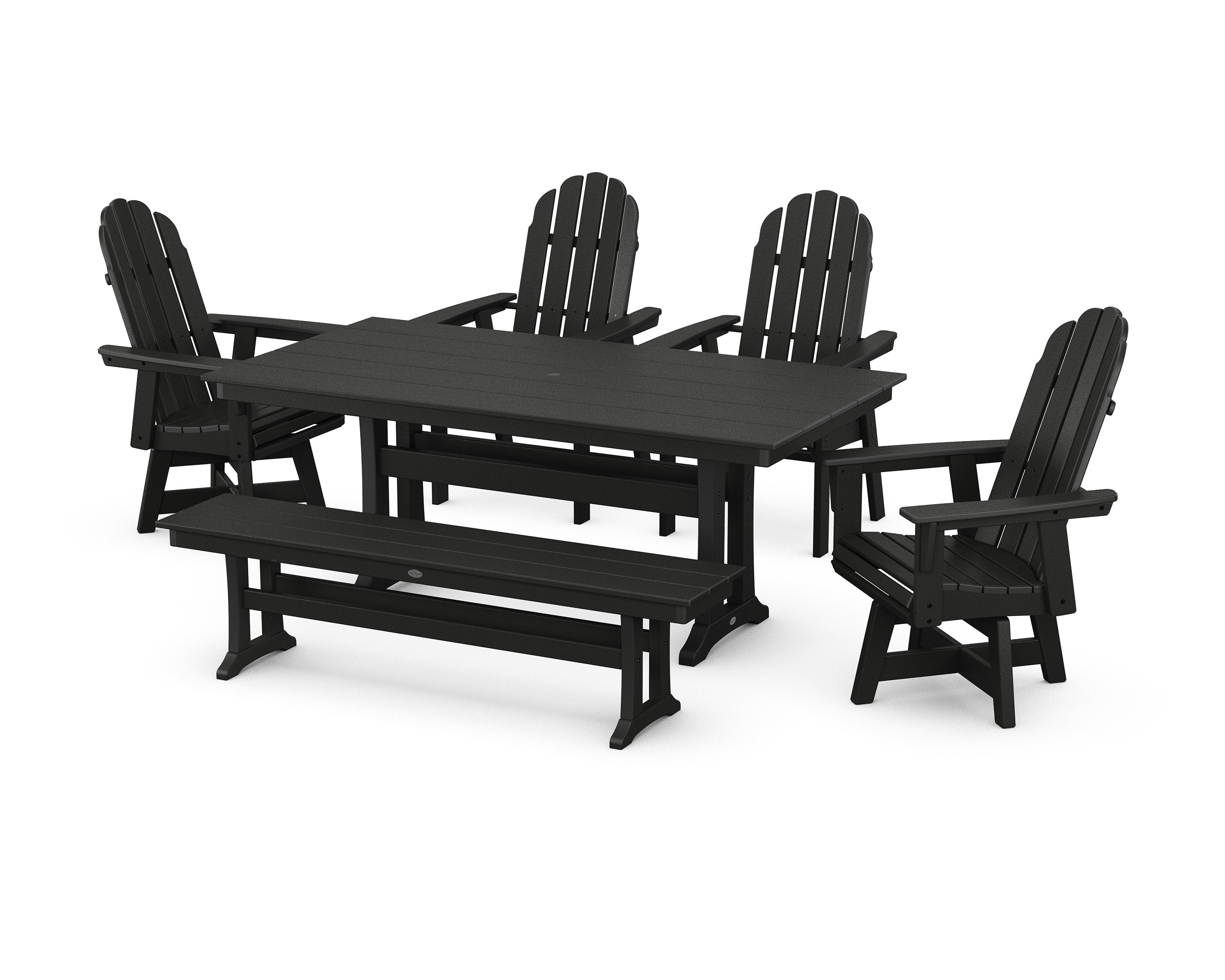 Vineyard Curveback Adirondack 6-Piece Swivel Chair Farmhouse Dining Set with Trestle Legs and Bench in Black