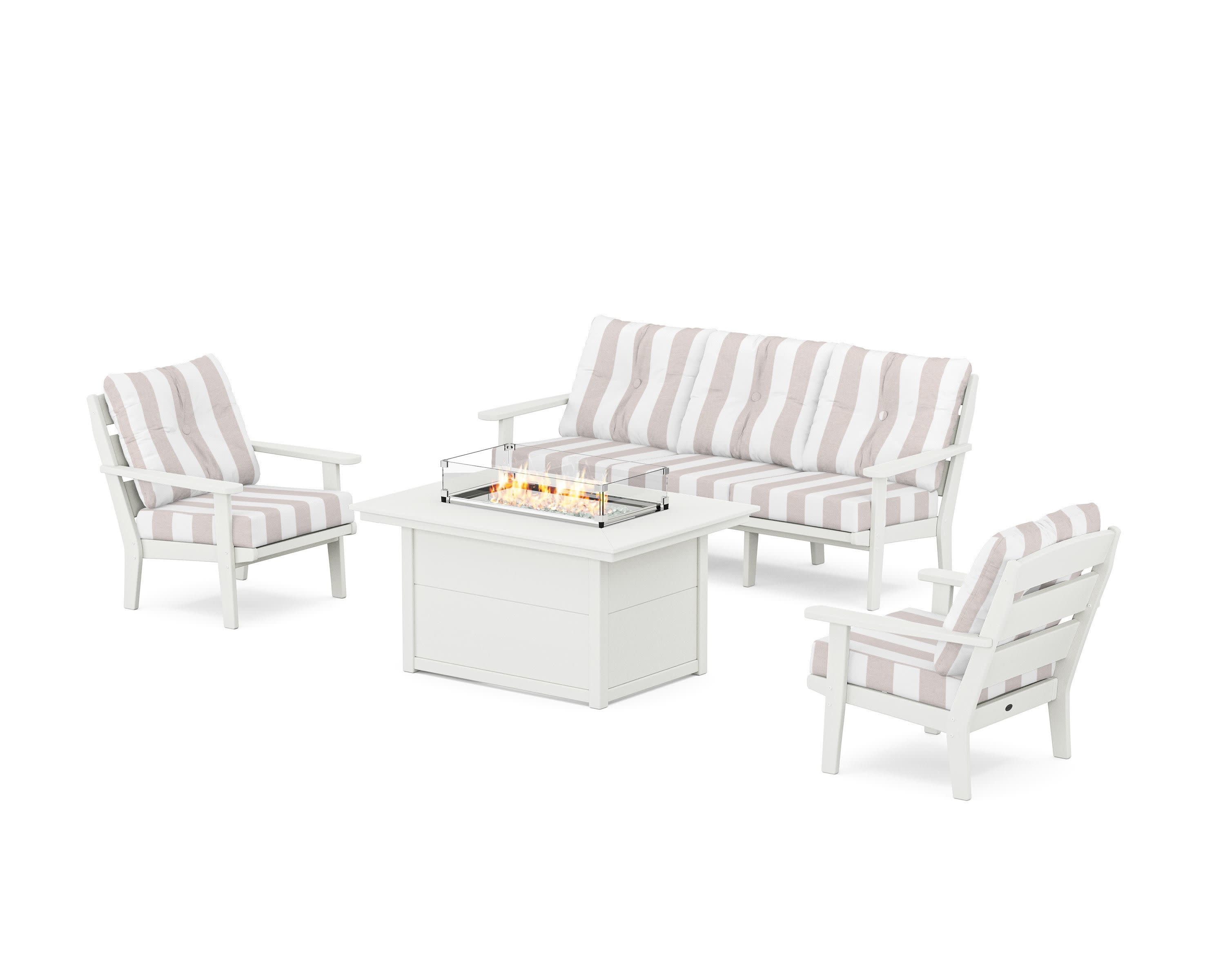 Lakeside Deep Seating Fire Pit Table Set in Vintage White / Cabana Stripe Dune Burlap