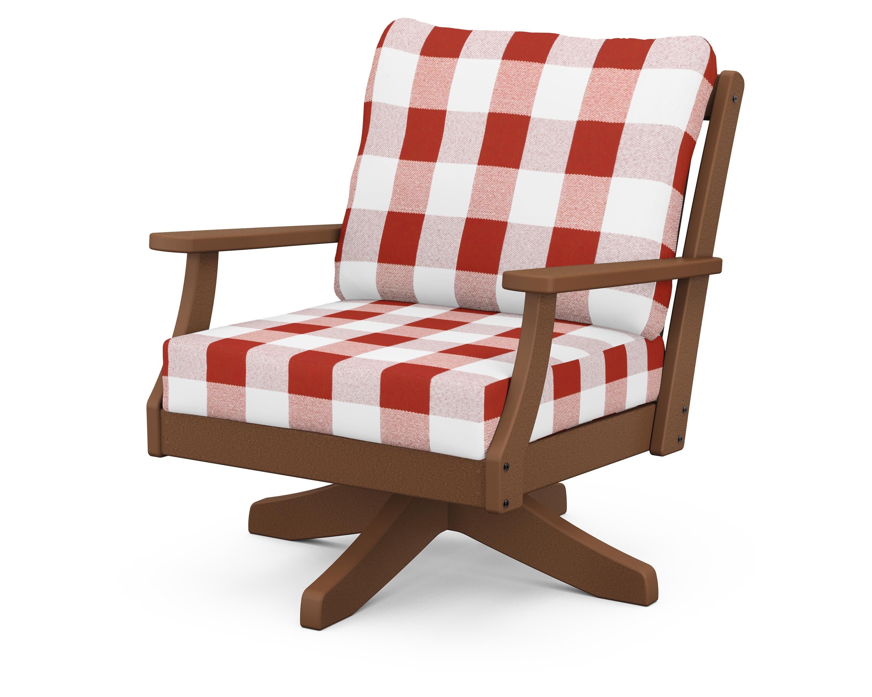 Braxton Deep Seating Swivel Chair in Teak / Buffalo Plaid Crimson