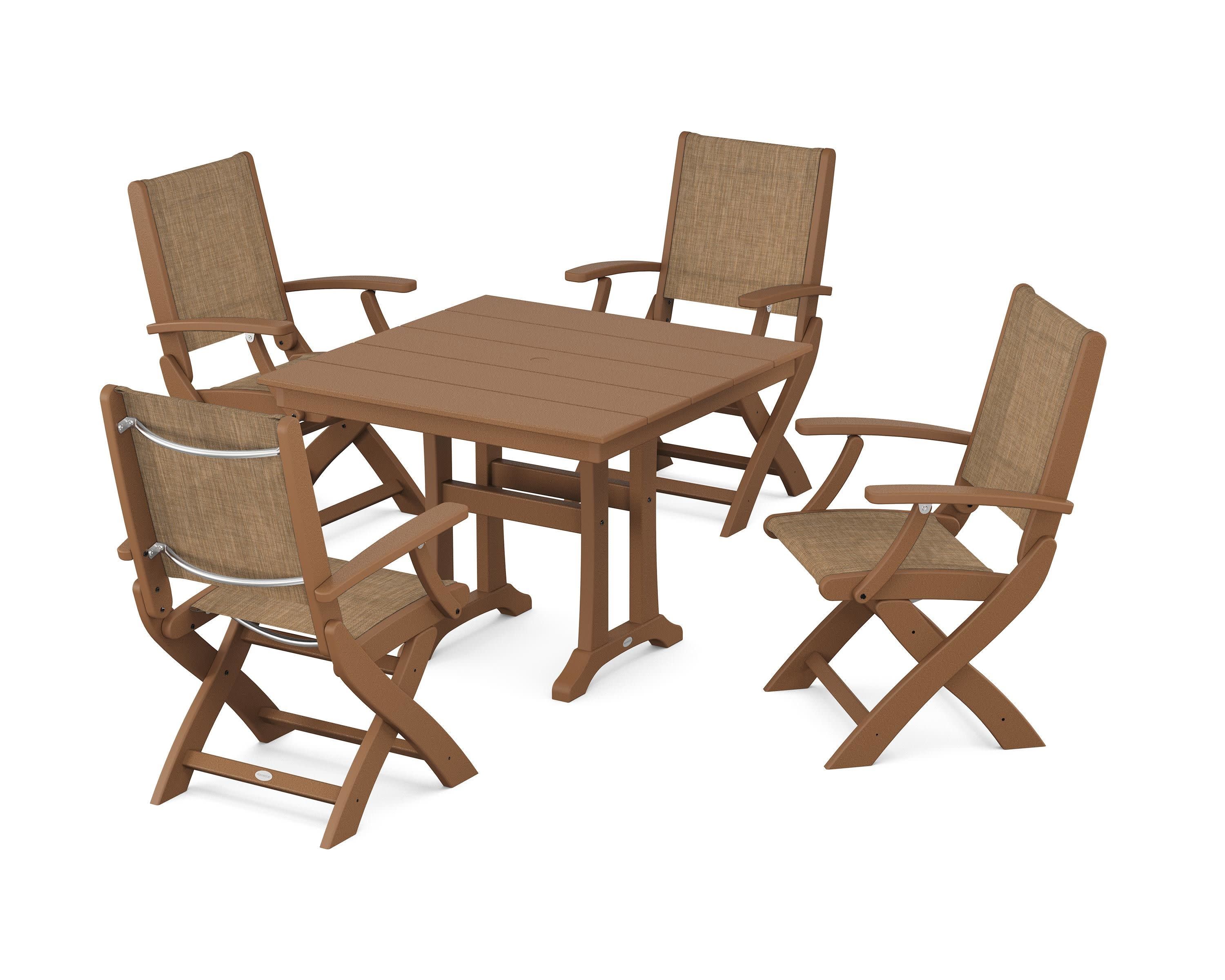 Coastal Folding Chair 5-Piece Farmhouse Dining Set With Trestle Legs in Teak / Burlap Sling