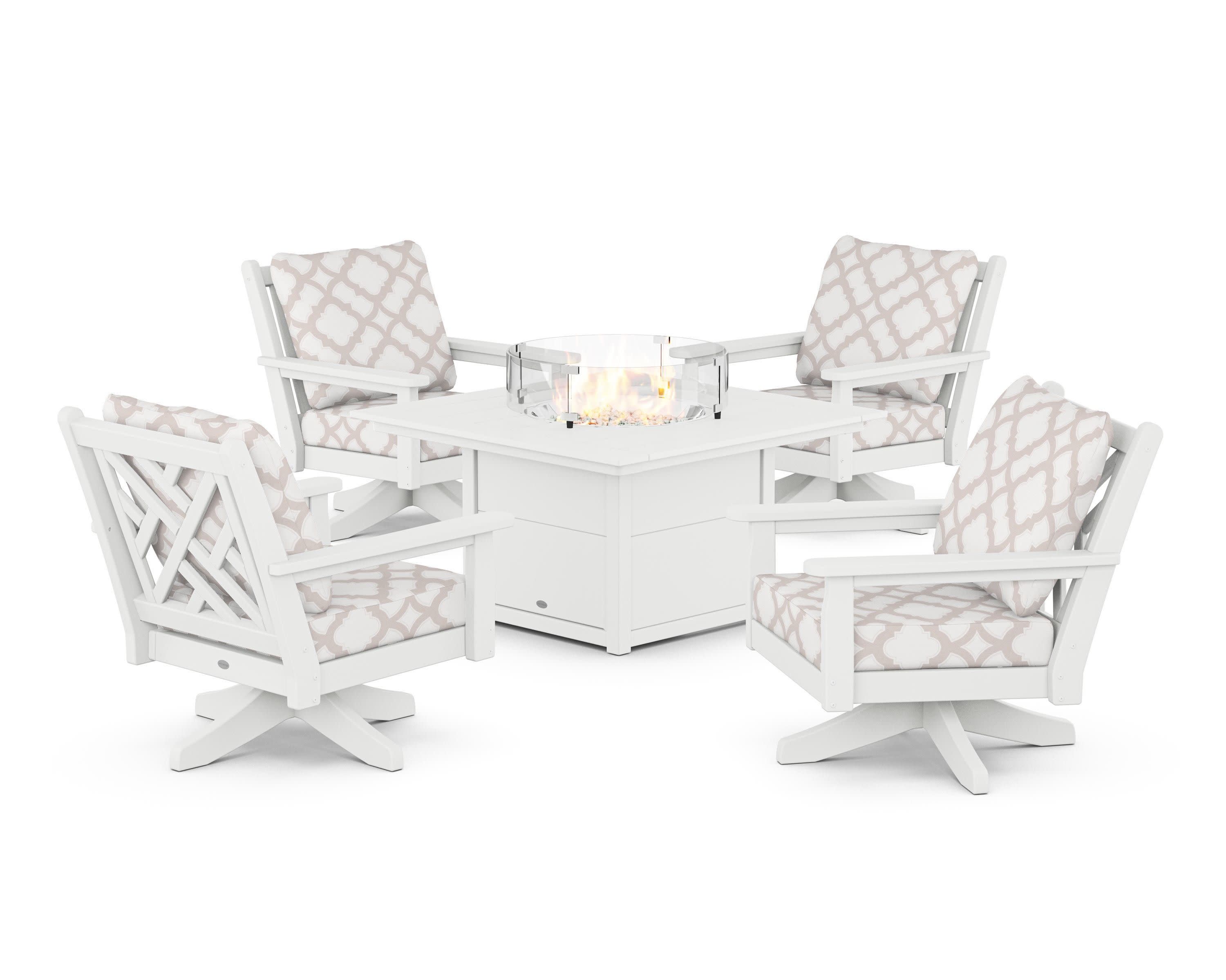 Chippendale 5-Piece Deep Seating Swivel Conversation Set with Fire Pit Table in White / Trellis Dune Burlap