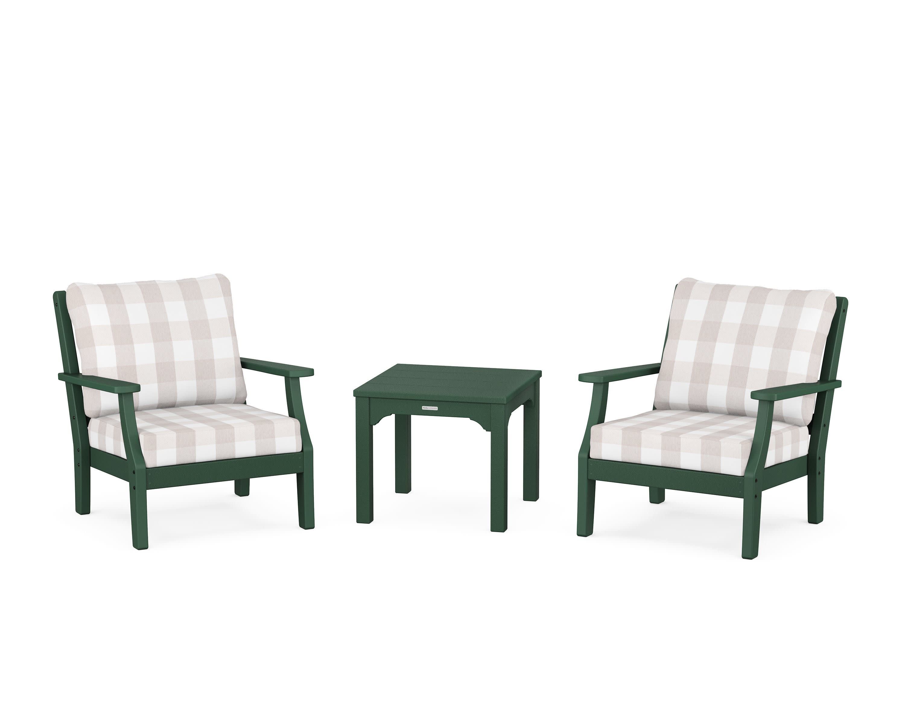 Chinoiserie 3-Piece Deep Seating Set in Green / Buffalo Plaid Dune Burlap