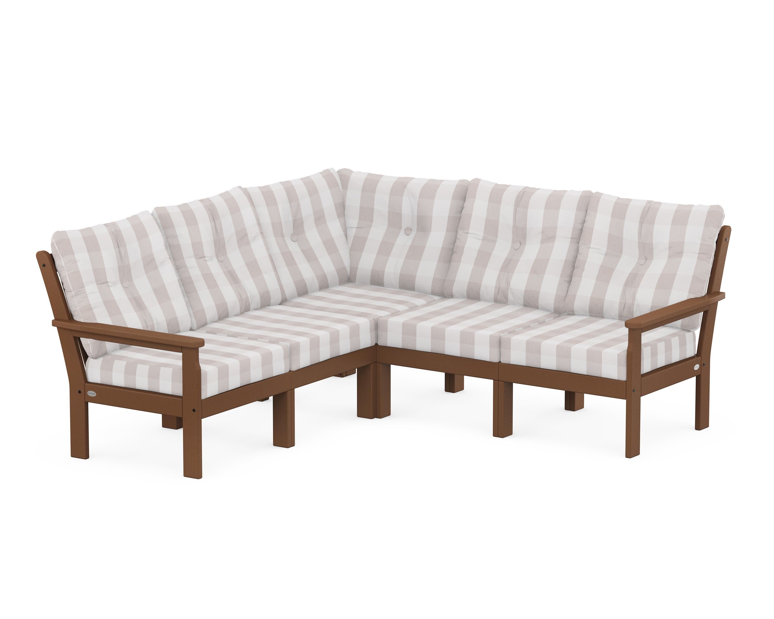 Vineyard 5-Piece Sectional in Teak / Buffalo Plaid Dune Burlap
