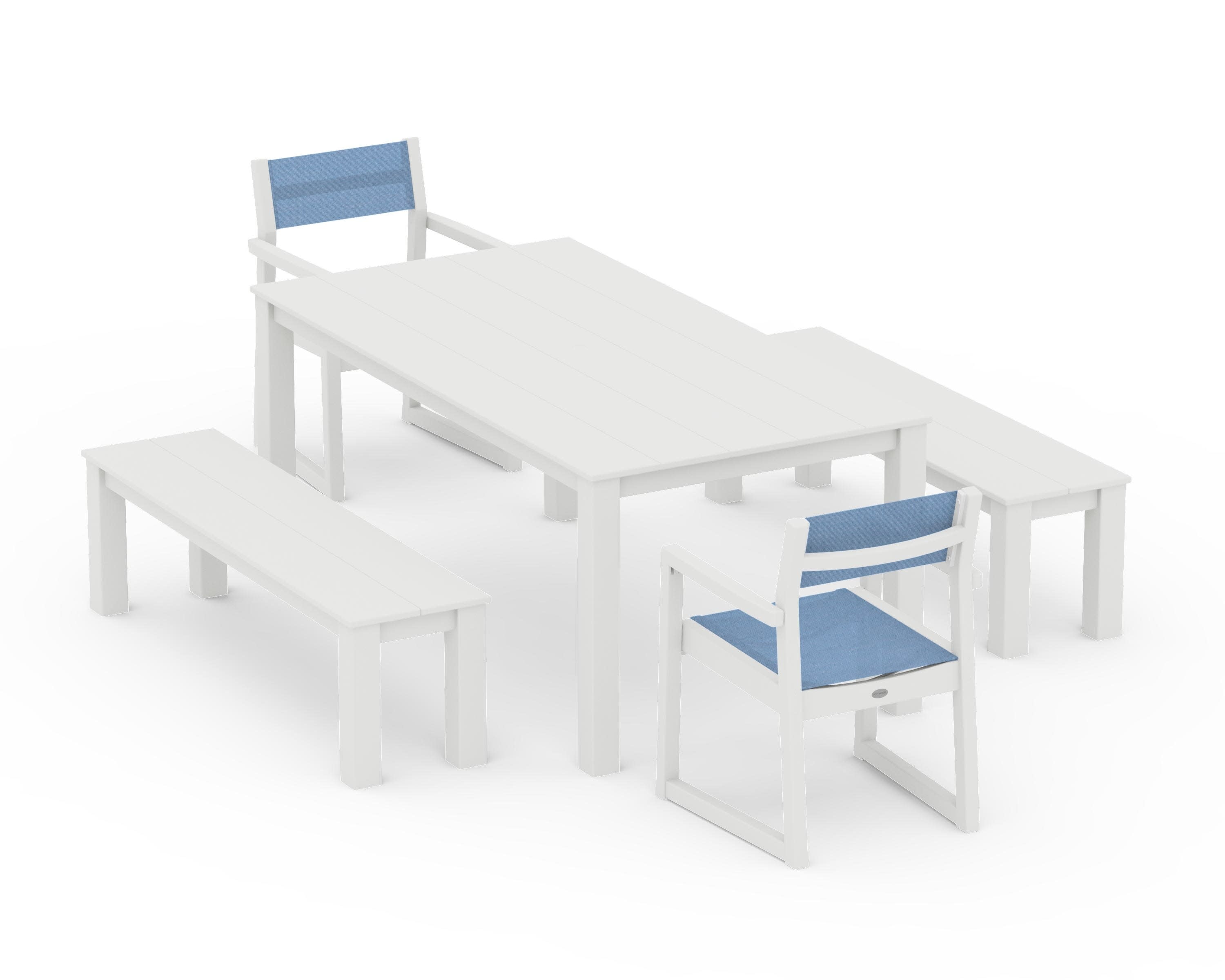EDGE Sling Arm Chair 5-Piece Parsons Dining Set with Benches in Vintage White / Poolside Sling