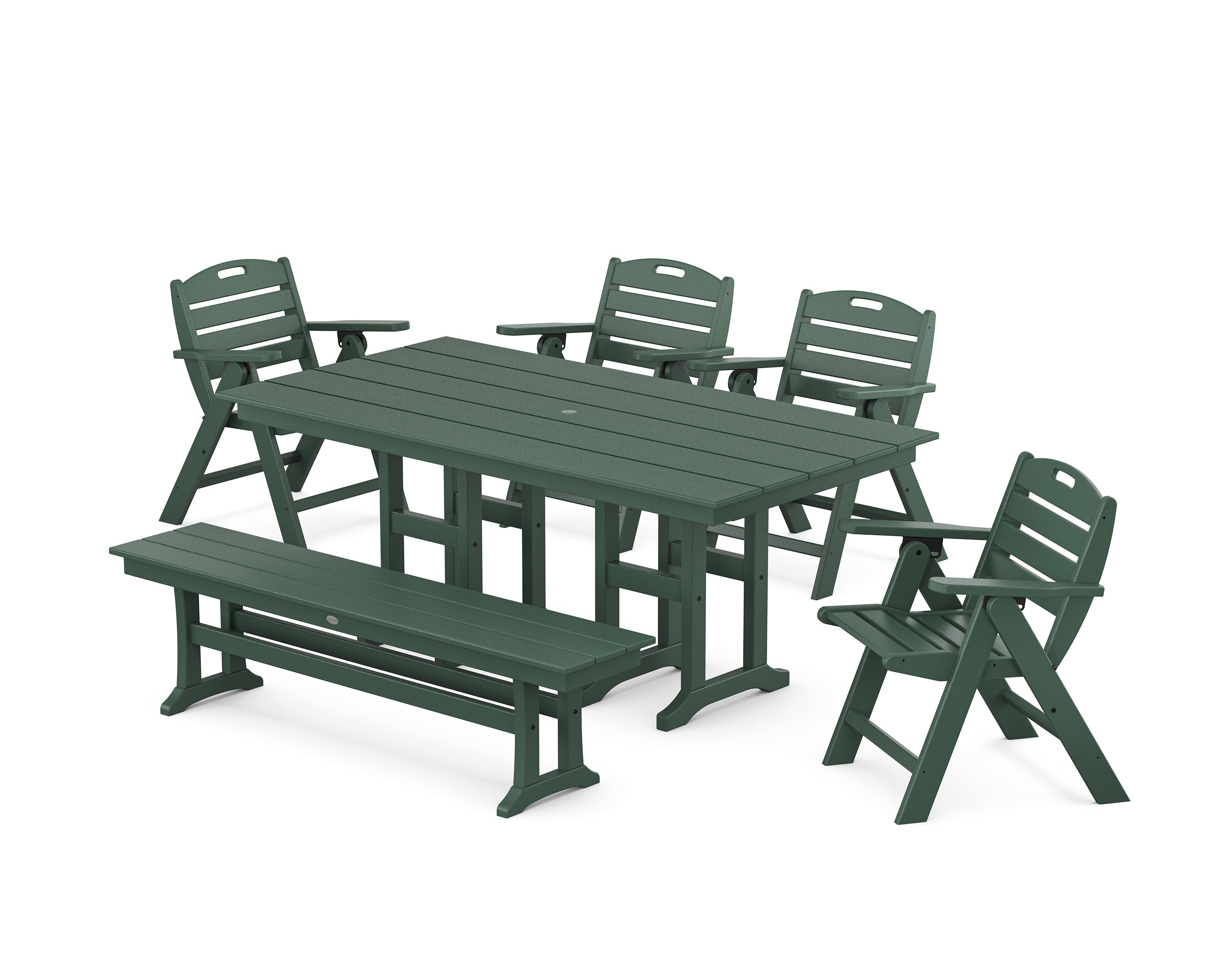 Nautical Lowback 6-Piece Farmhouse Dining Set with Bench in Green