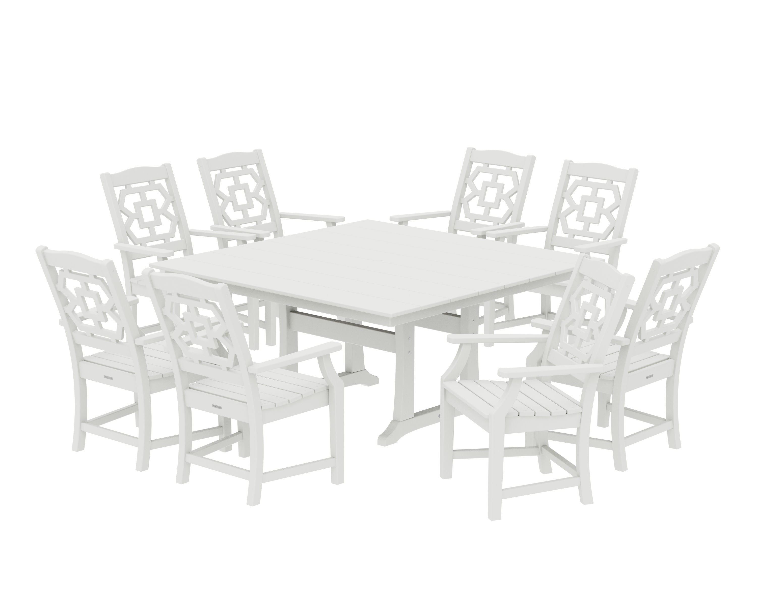 Chinoiserie 9-Piece Square Farmhouse Dining Set with Trestle Legs in Vintage White