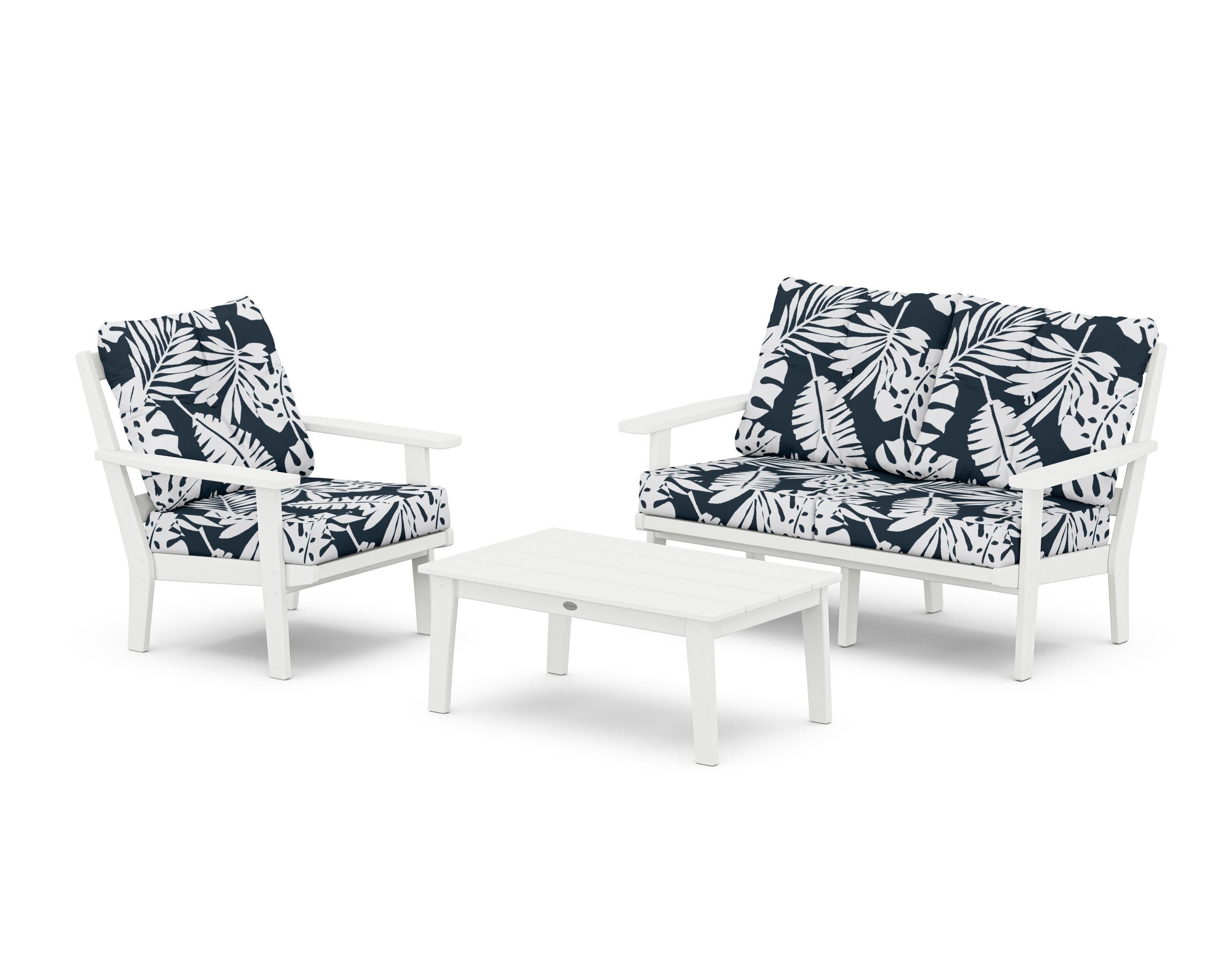 Oxford 3-Piece Deep Seating Set with Loveseat in White / Leaf Marine Indigo
