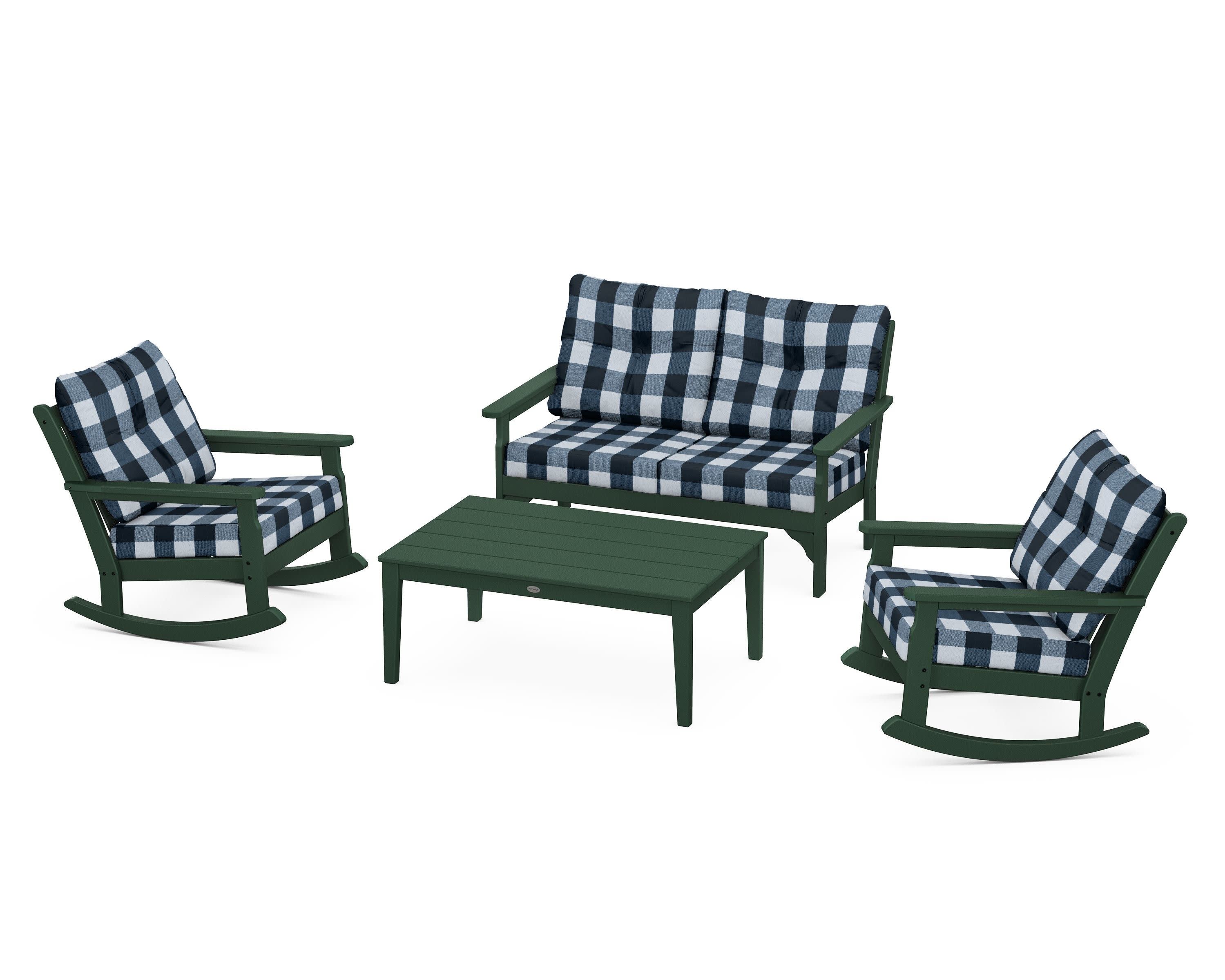 Vineyard 4-Piece Deep Seating Rocking Chair Set in Green / Buffalo Plaid Marine Indigo
