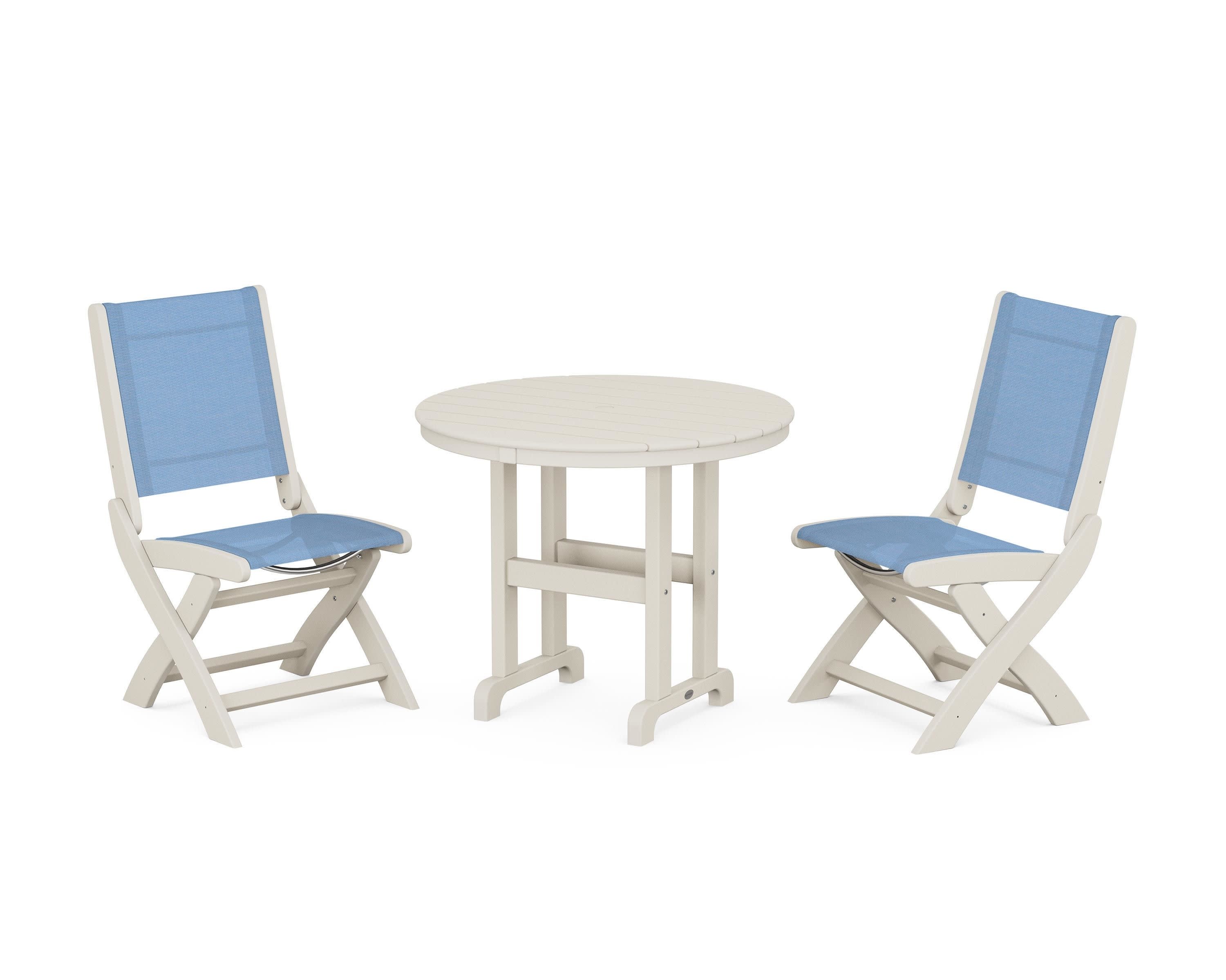 Coastal Folding Side Chair 3-Piece Round Dining Set in Sand / Poolside Sling