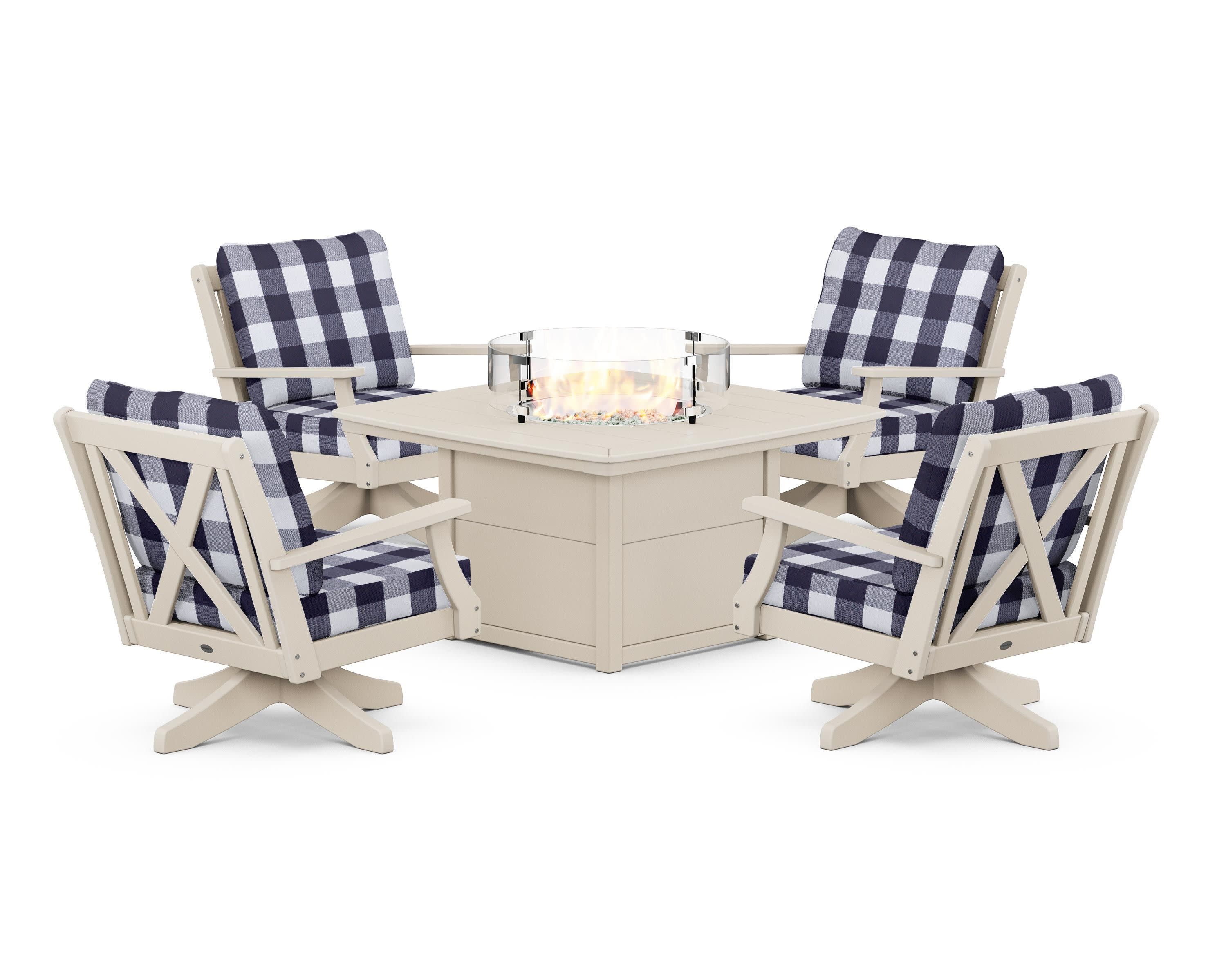 Braxton 5-Piece Deep Seating Swivel Conversation Set with Fire Pit Table in Sand / Buffalo Plaid Navy