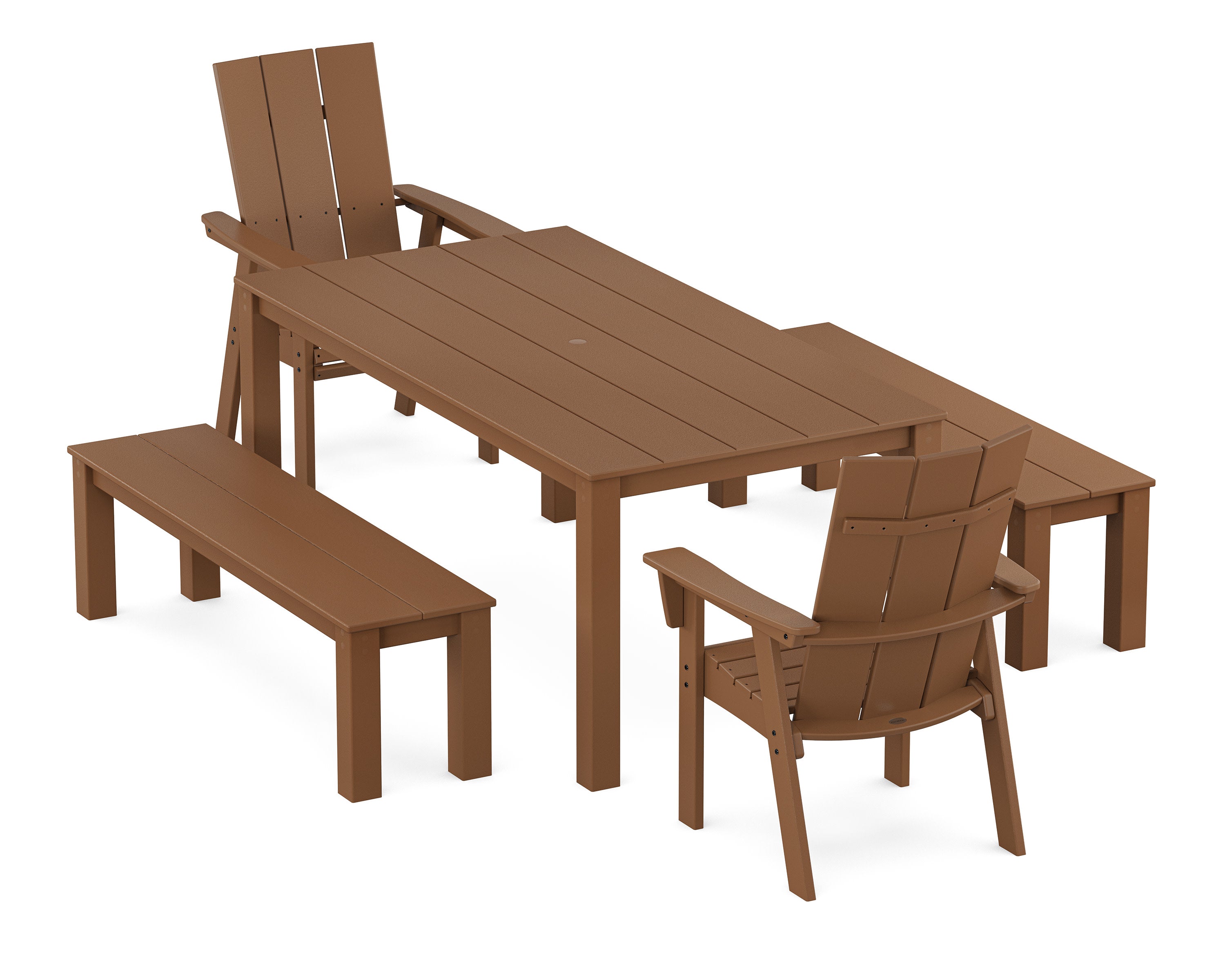 Modern Curveback Adirondack 5-Piece Parsons Dining Set with Benches in Teak