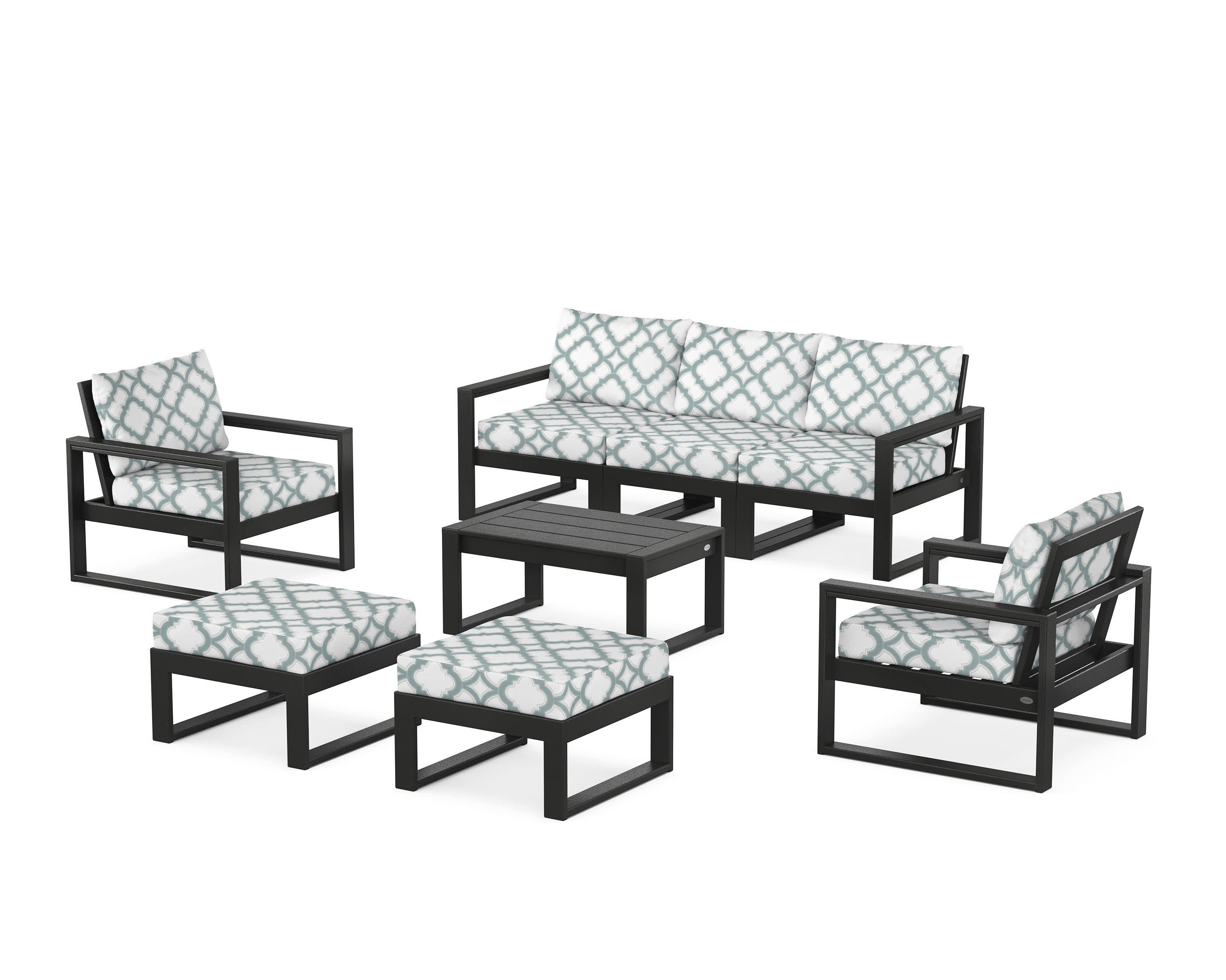 EDGE Sectional 8-Piece Lounge Sofa Set in Black / Trellis Glacier Spa