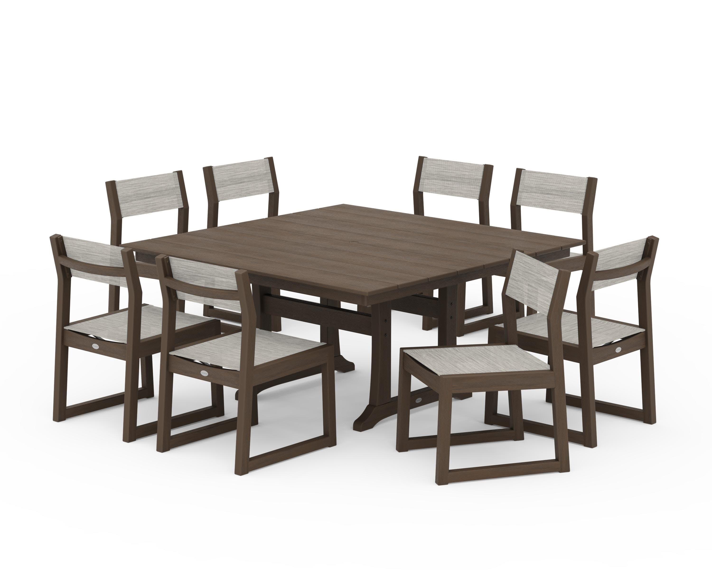 EDGE Sling Side Chair 9-Piece Farmhouse Trestle Dining Set in Kona / Birch Sling