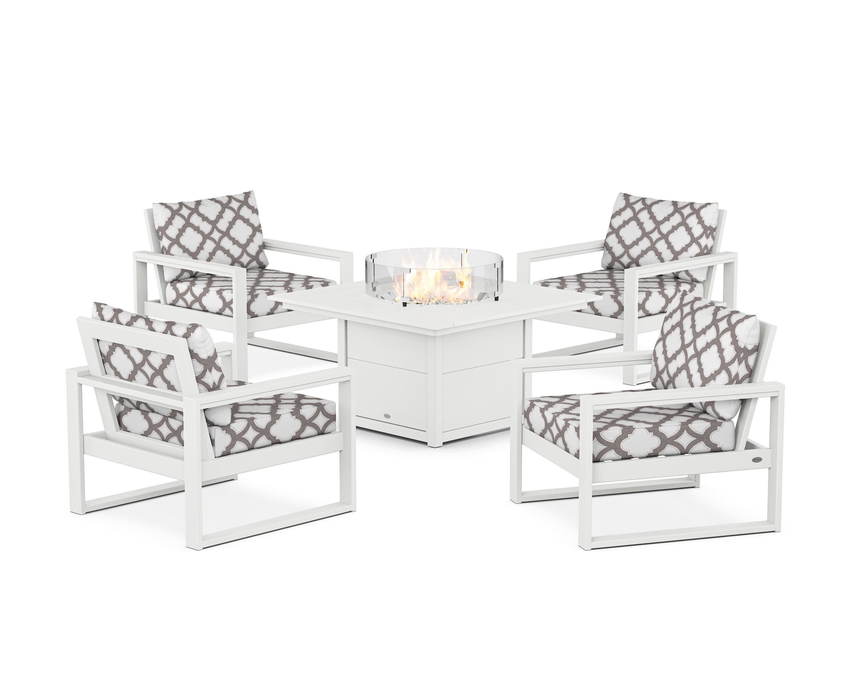 EDGE Sectional 5-Piece Deep Seating Set with Fire Pit Table in White / Trellis Grey Mist