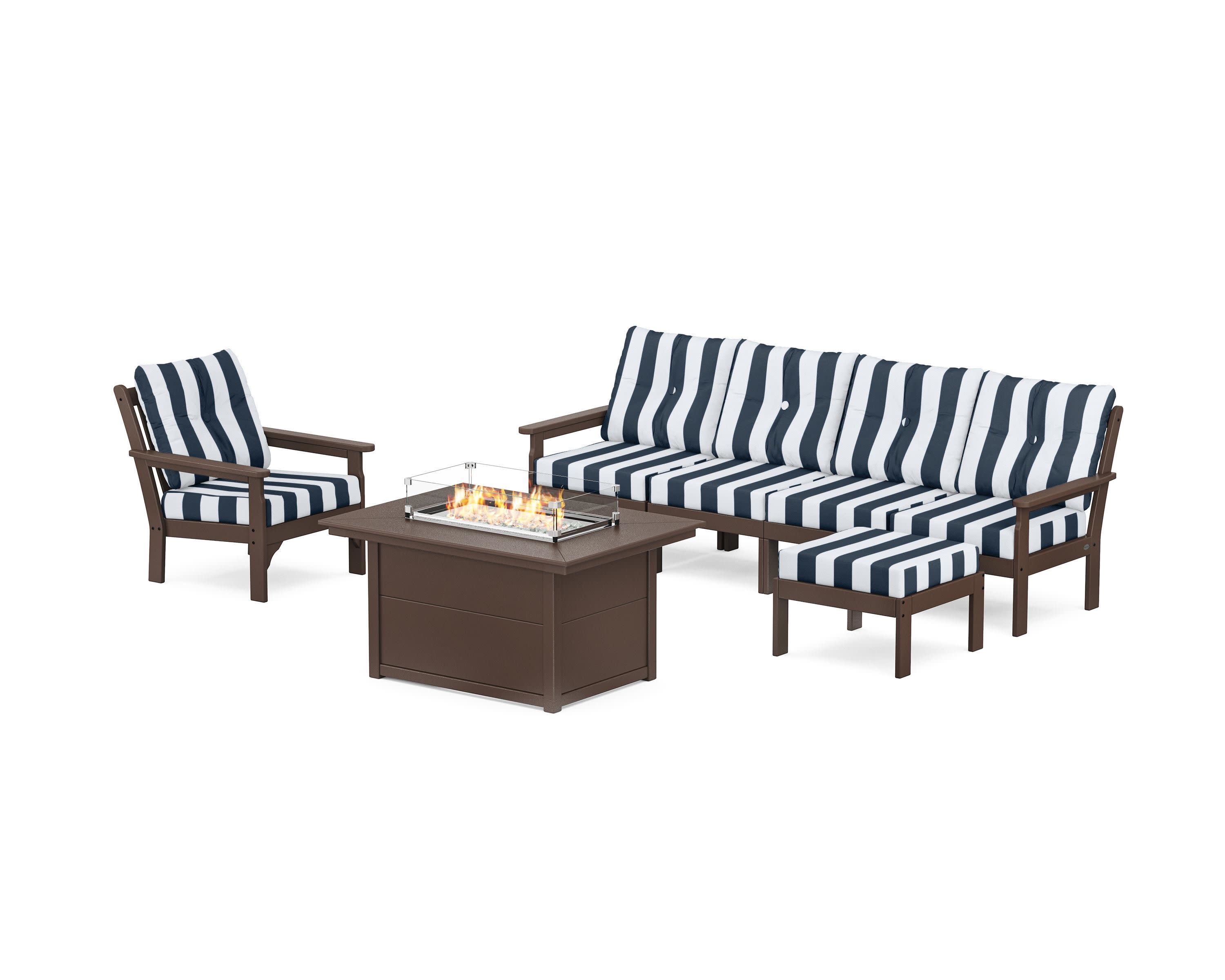 Vineyard Sectional Lounge and Fire Pit Set in Mahogany / Cabana Stripe Marine Indigo