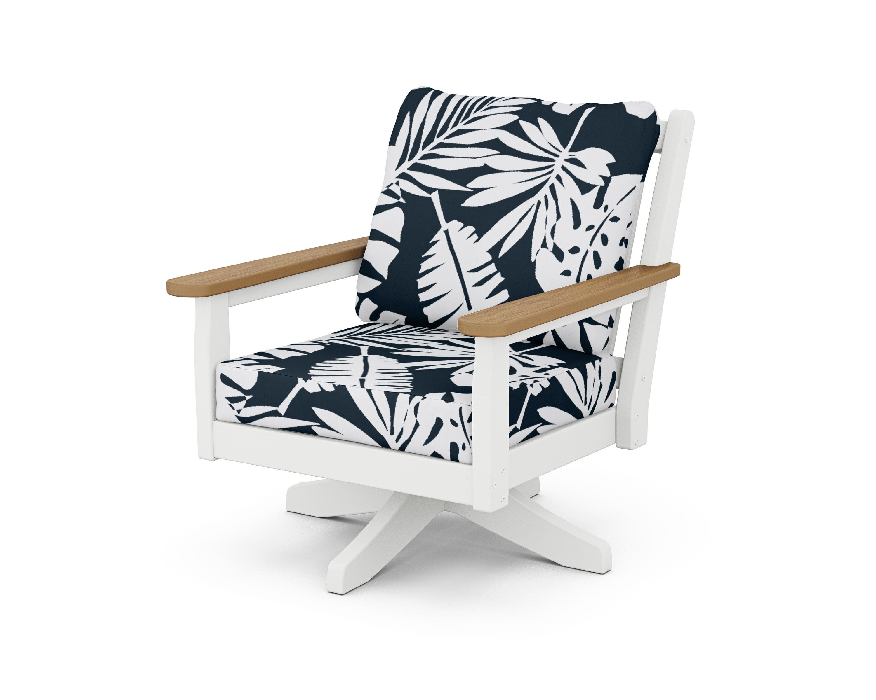 Chippendale Deep Seating Swivel Chair in White / Natural / Leaf Marine Indigo