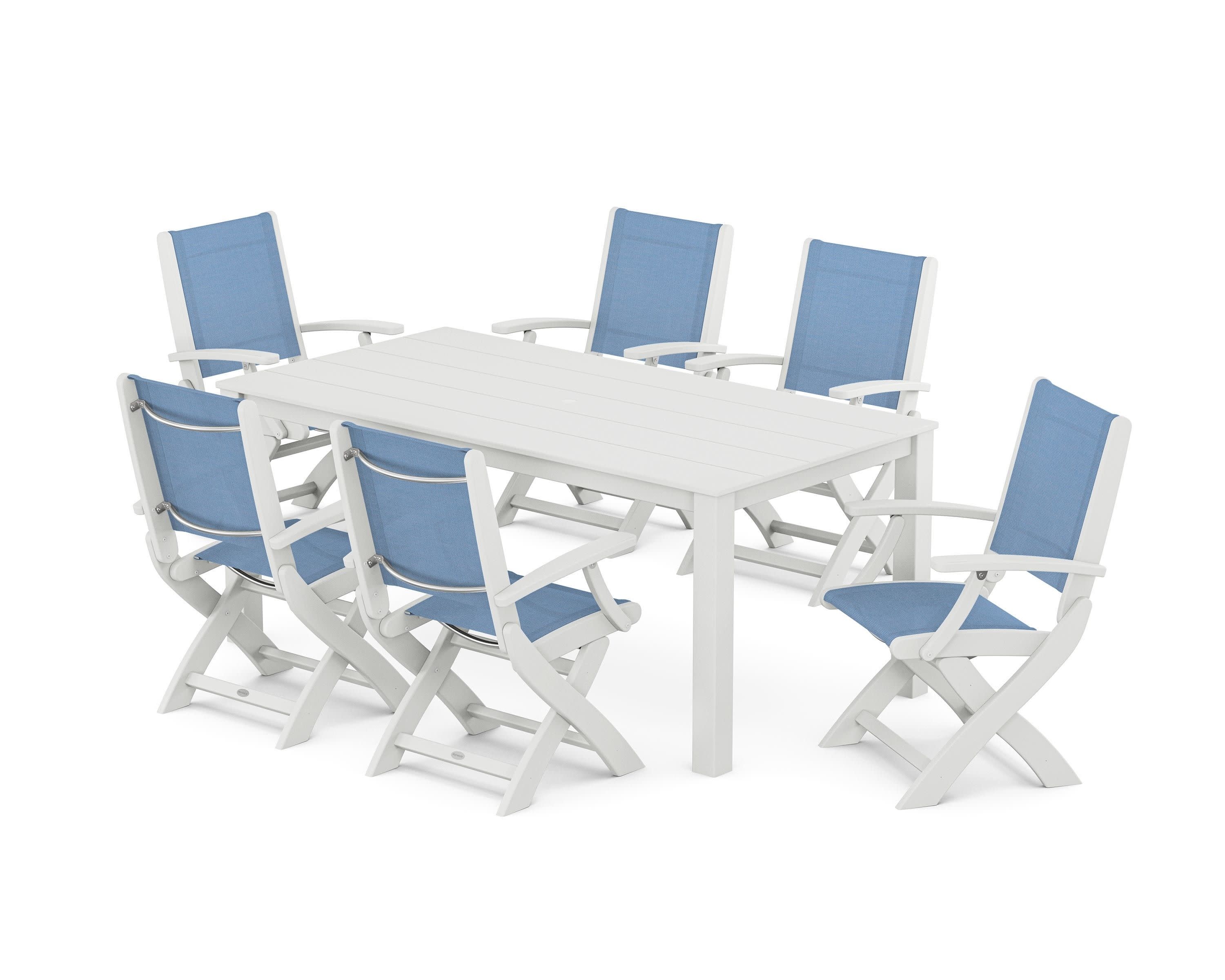 Coastal Folding Chair 7-Piece Parsons Dining Set in White / Poolside Sling
