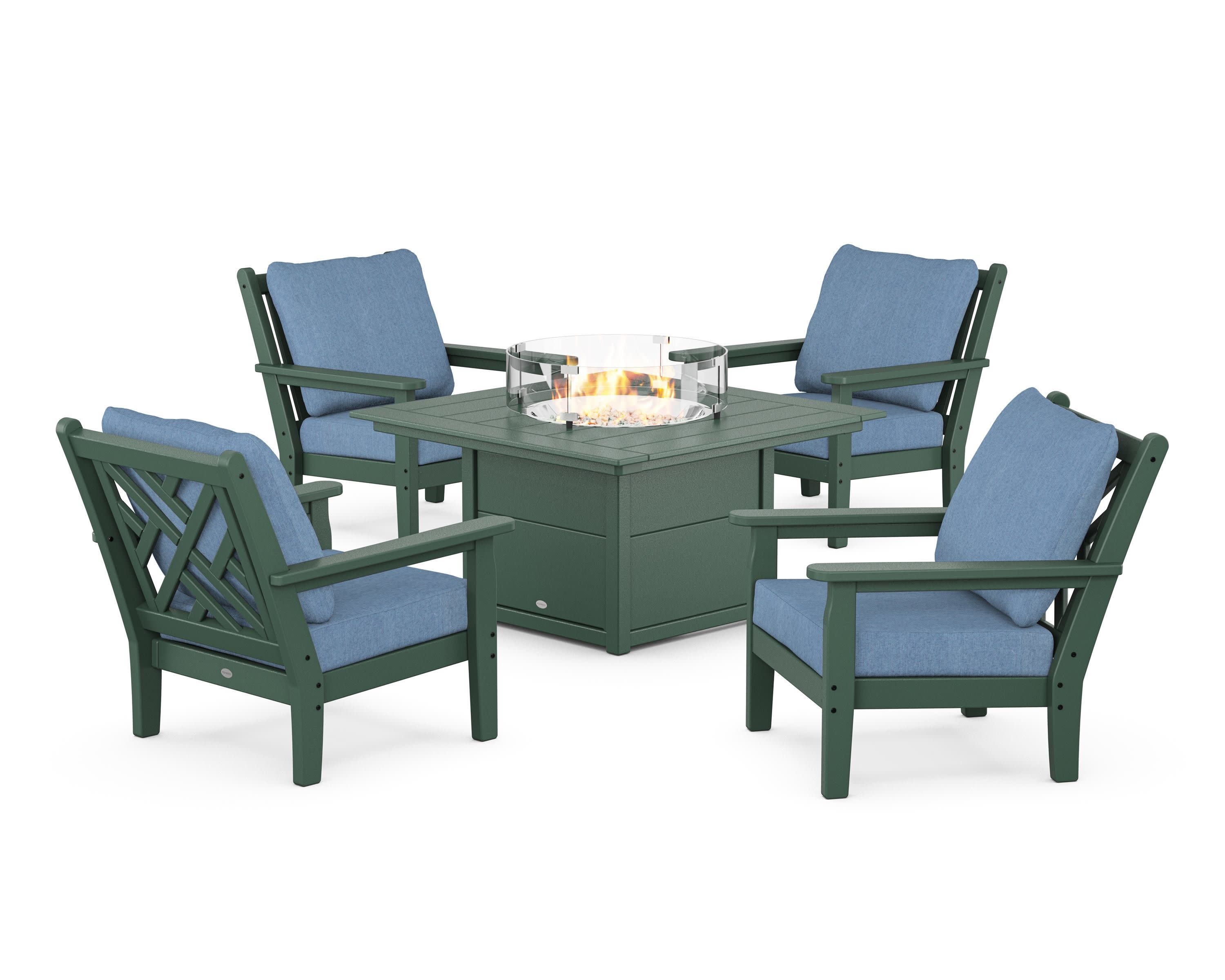 Chippendale 5-Piece Deep Seating Set with Fire Pit Table in Green / Sky Blue