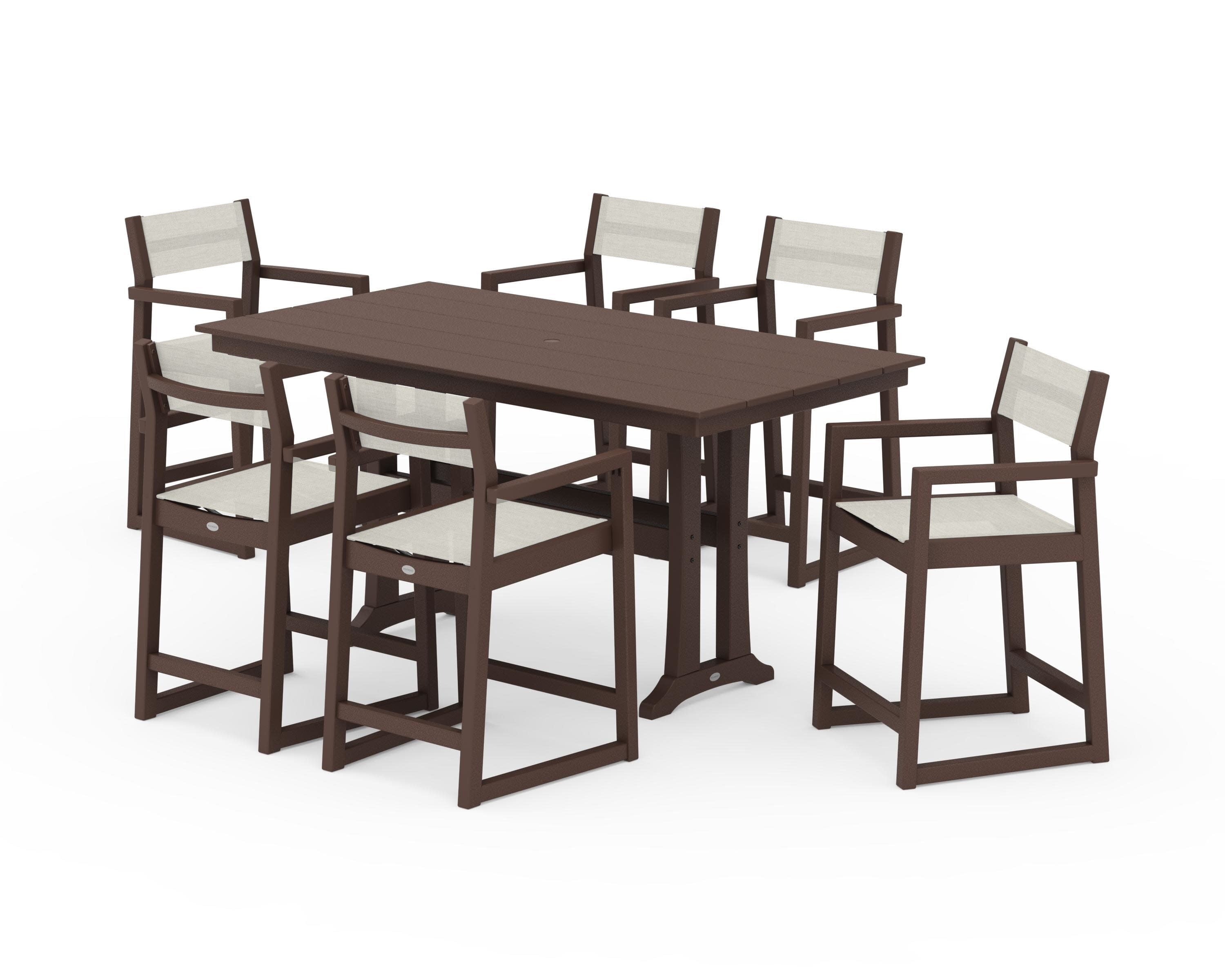 EDGE Sling Arm Chair 7-Piece Farmhouse Counter Set with Trestle Legs in Mahogany / Parchment Sling