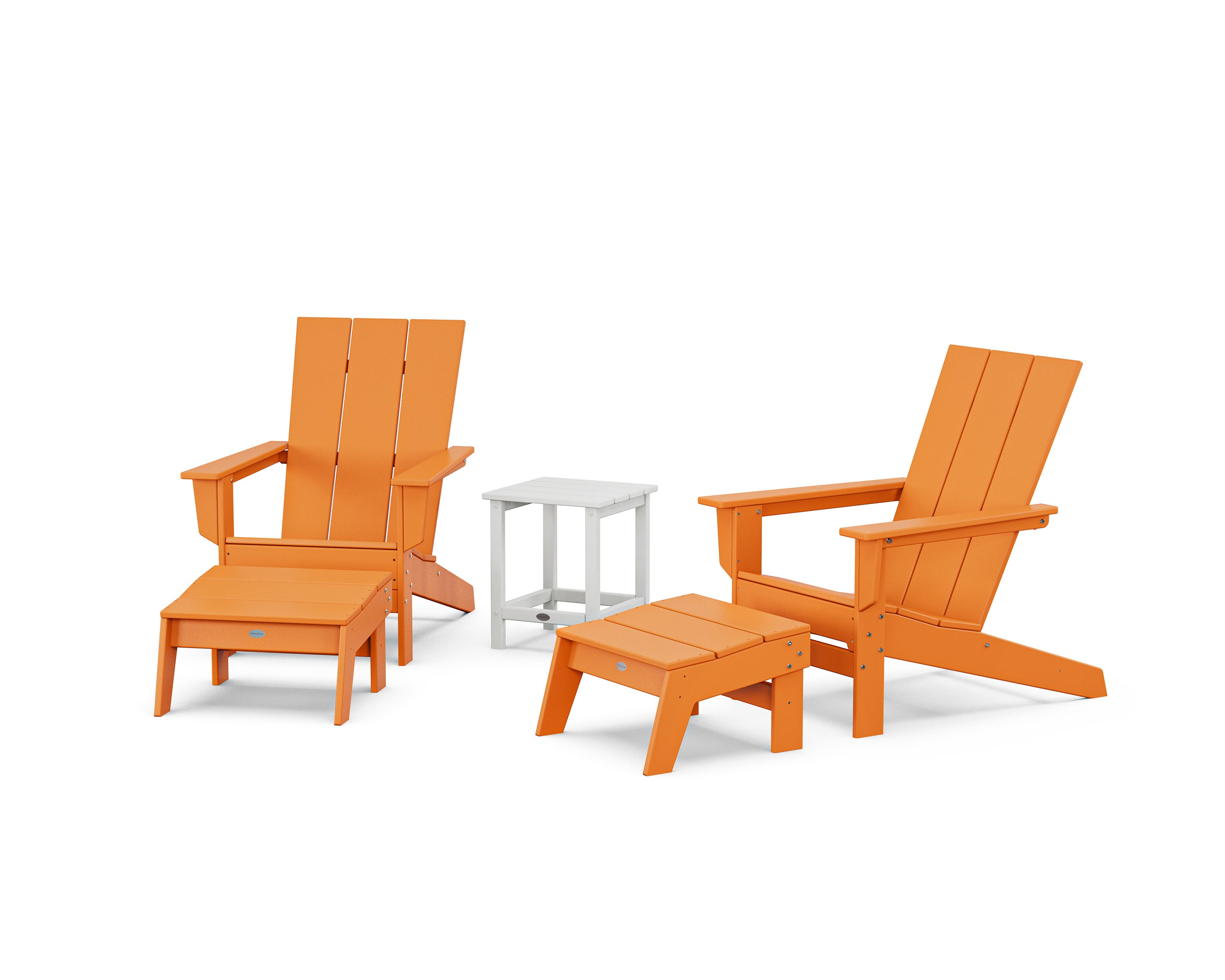 5-Piece Modern Studio Adirondack Set with Ottomans and Side Table in Tangerine / White