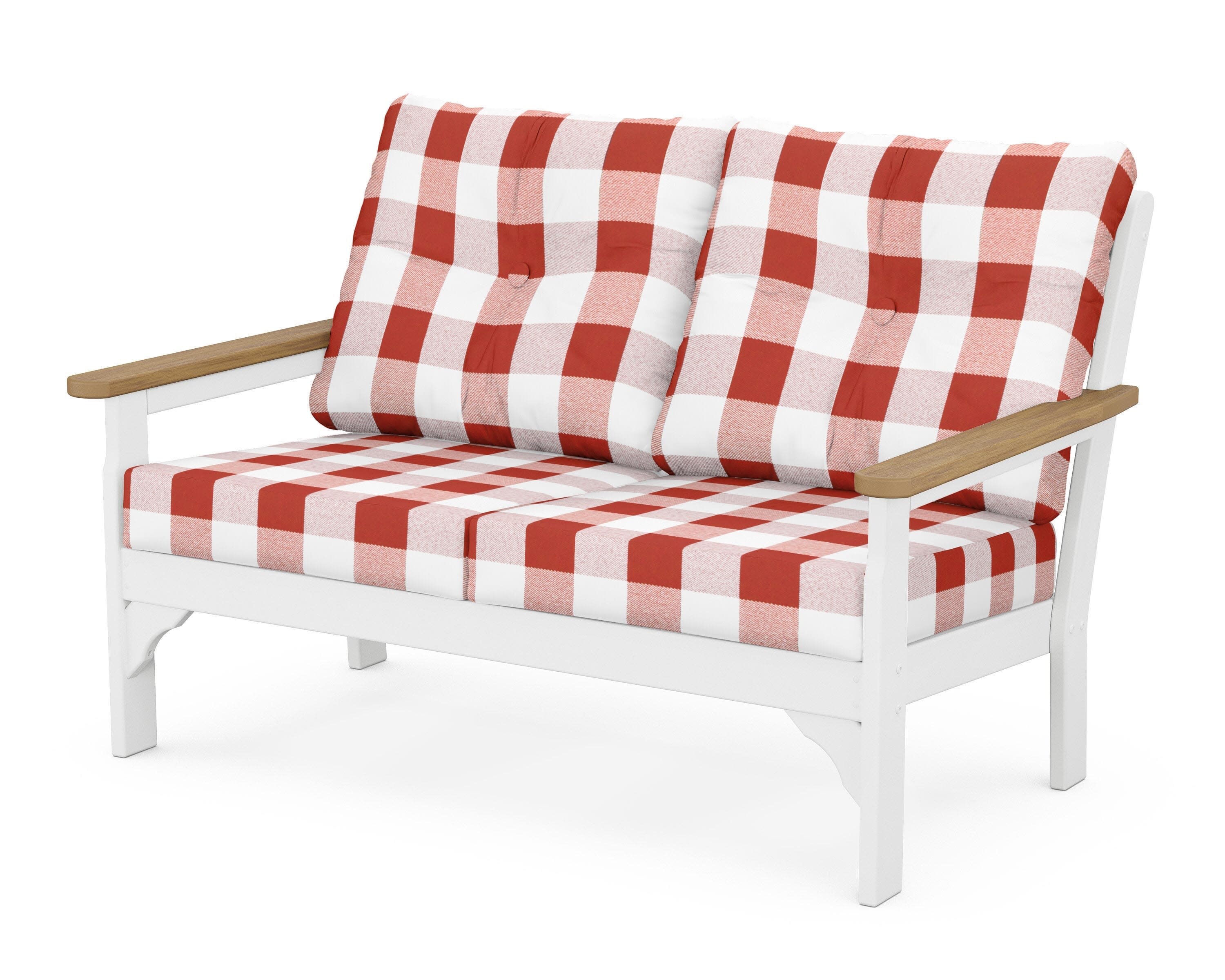 Vineyard Deep Seating Loveseat in White / Natural / Buffalo Plaid Crimson