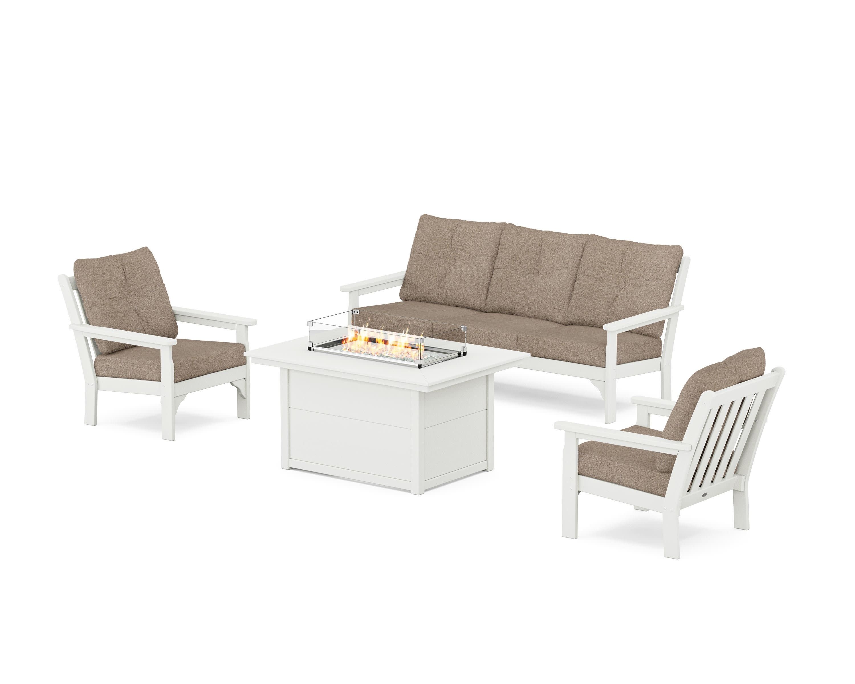 Vineyard Deep Seating Fire Pit Table Set in Vintage White / Spiced Burlap