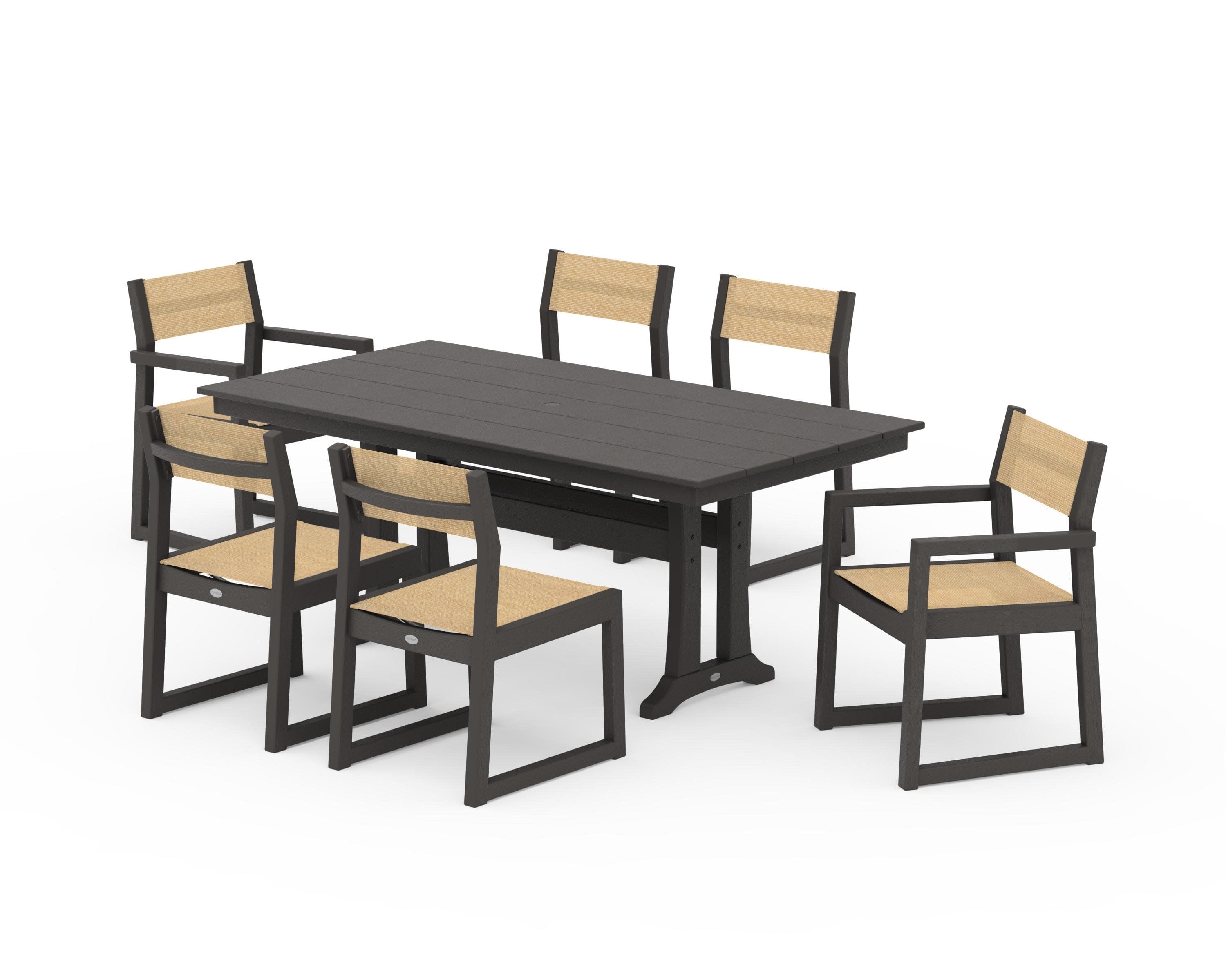 EDGE Sling 7-Piece Farmhouse Trestle Dining Set in Vintage Coffee / Dupioni Apricot Sling