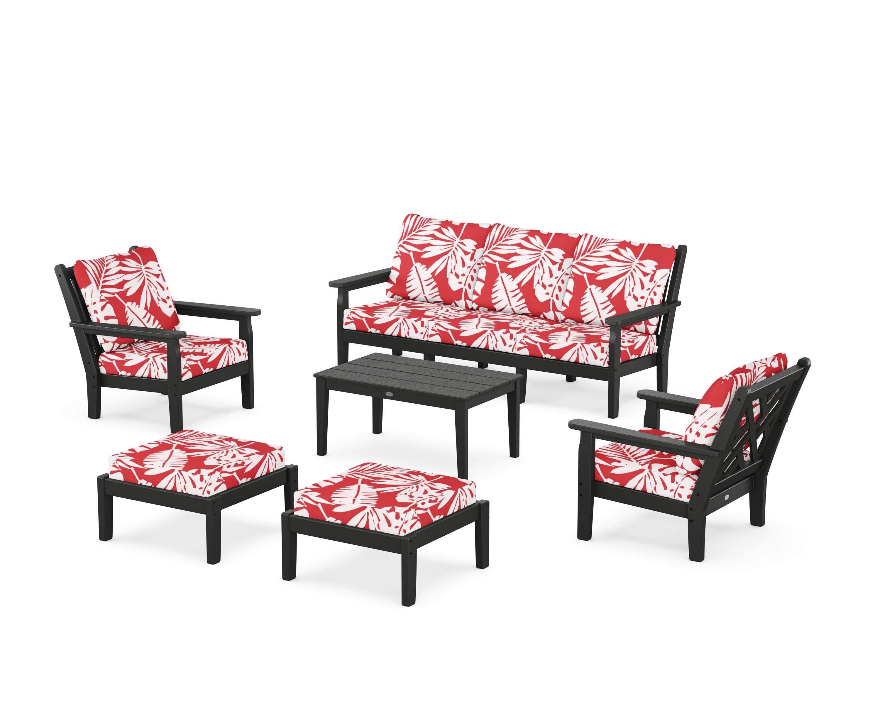 Chippendale 6-Piece Lounge Sofa Set in Black / Leaf Crimson