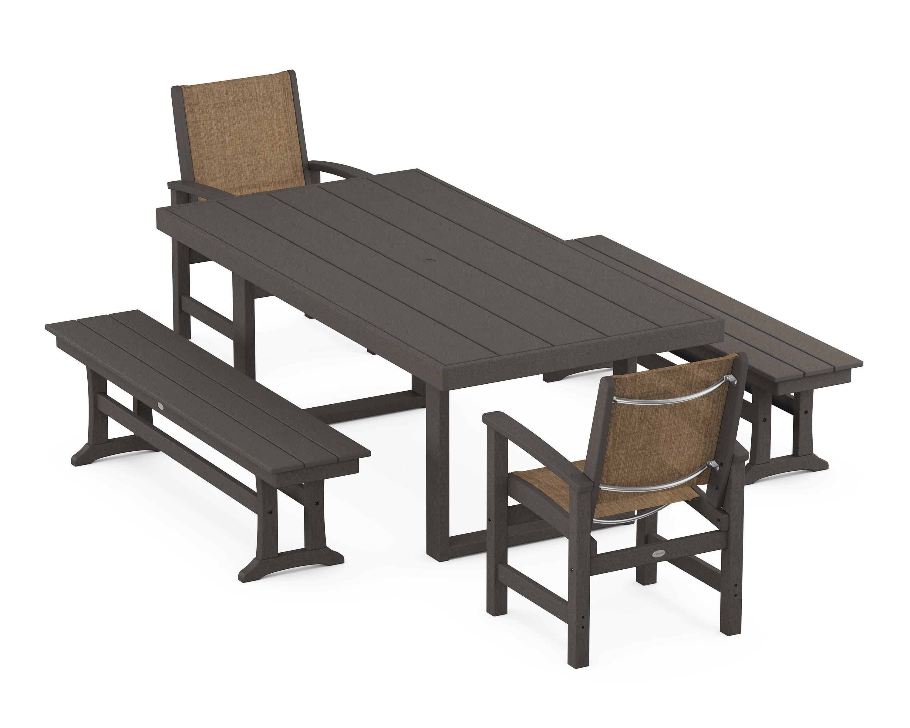 Coastal 5-Piece Dining Set with Trestle Legs in Vintage Coffee / Burlap Sling