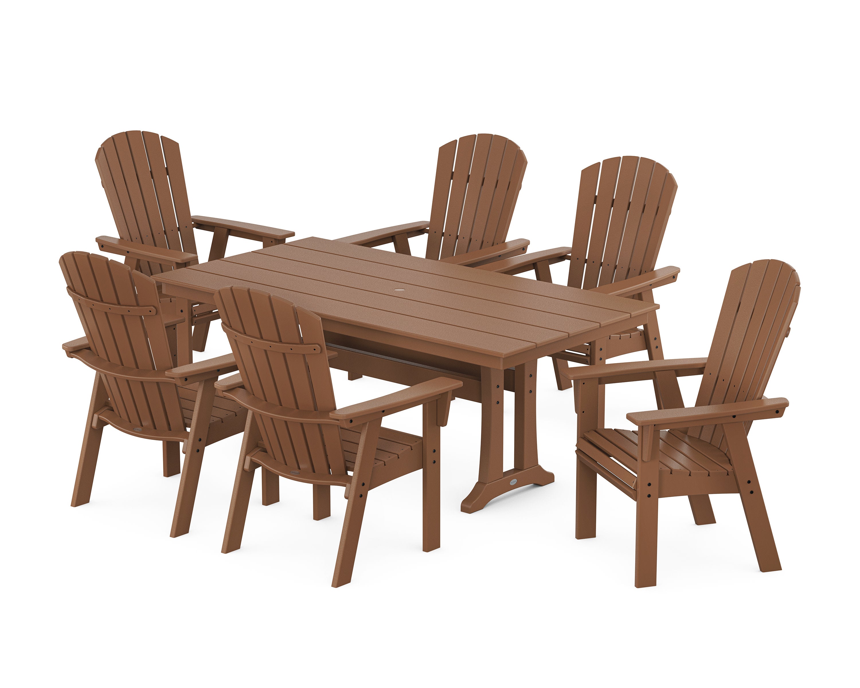 Nautical Curveback Adirondack 7-Piece Farmhouse Dining Set with Trestle Legs in Teak