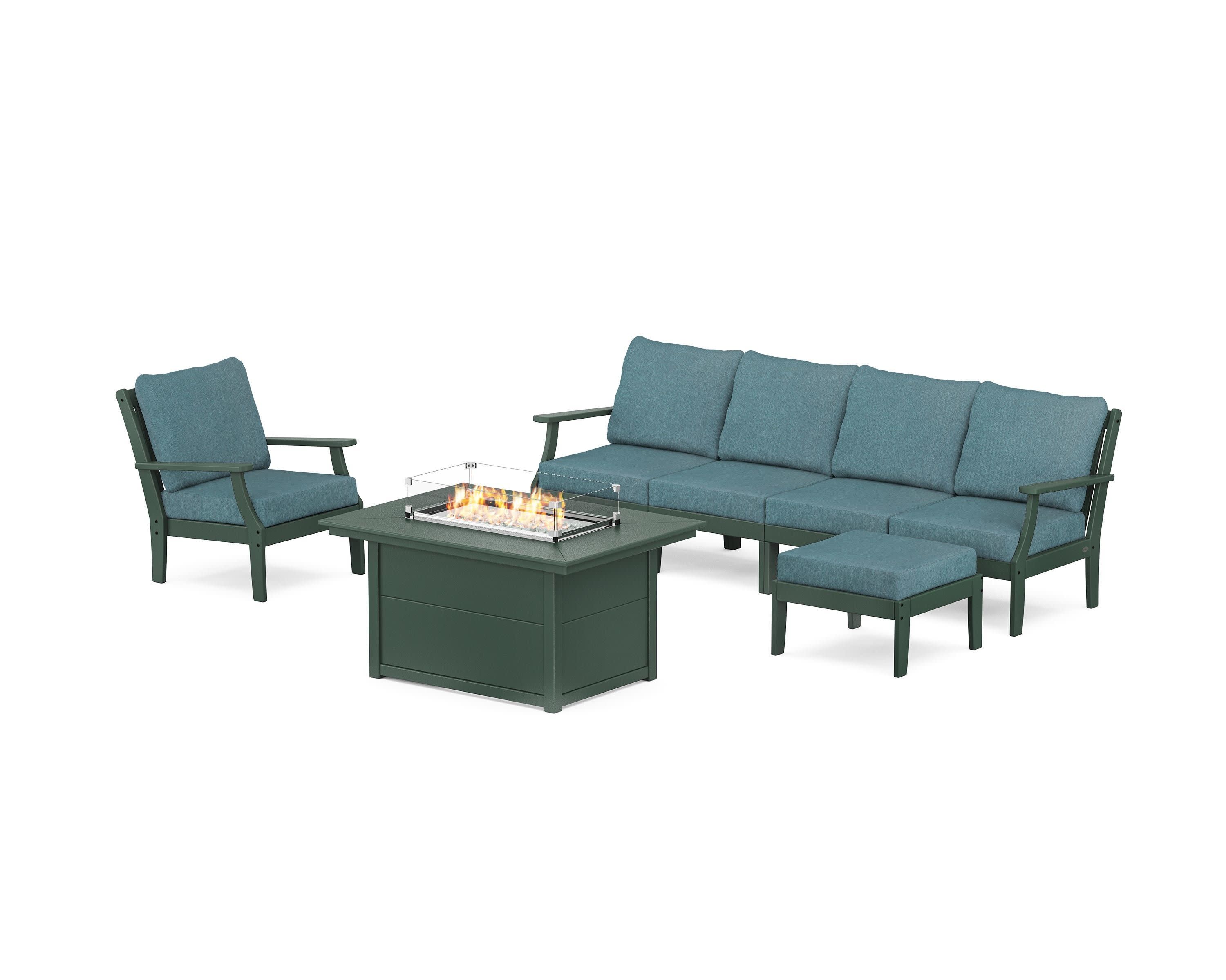 Braxton Sectional Lounge and Fire Pit Set in Green / Ocean Teal