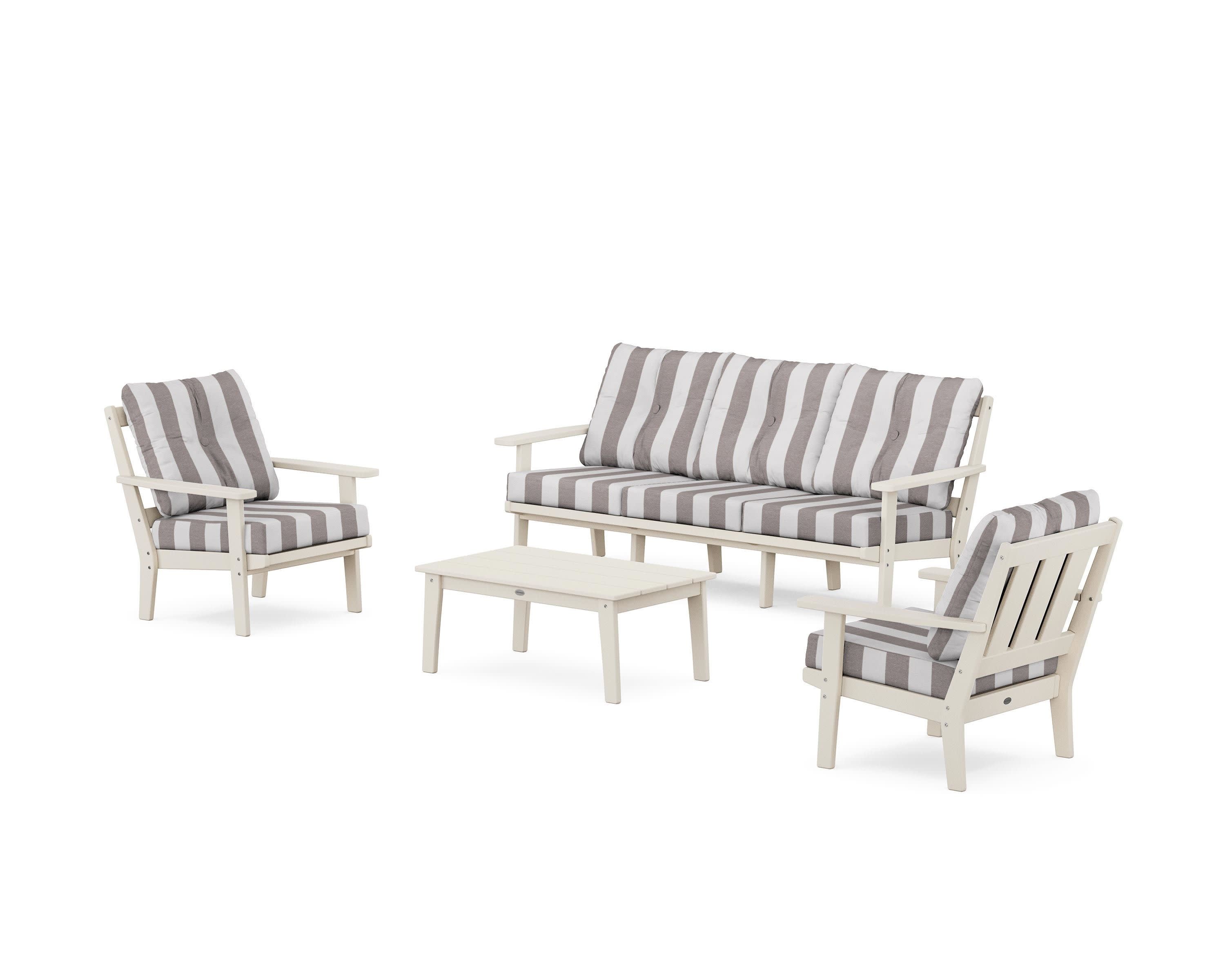 Oxford 4-Piece Deep Seating Set with Sofa in Sand / Cabana Stripe Grey Mist