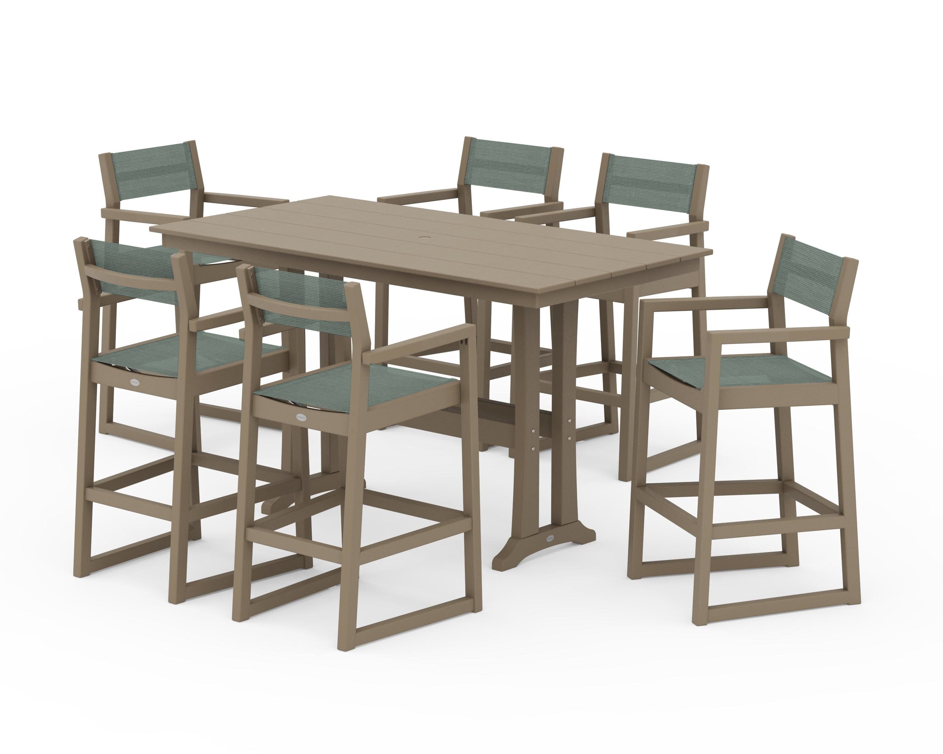 EDGE Sling Arm Chair 7-Piece Farmhouse Bar Set with Trestle Legs in Vintage Sahara / Dupioni Sea Mist Sling
