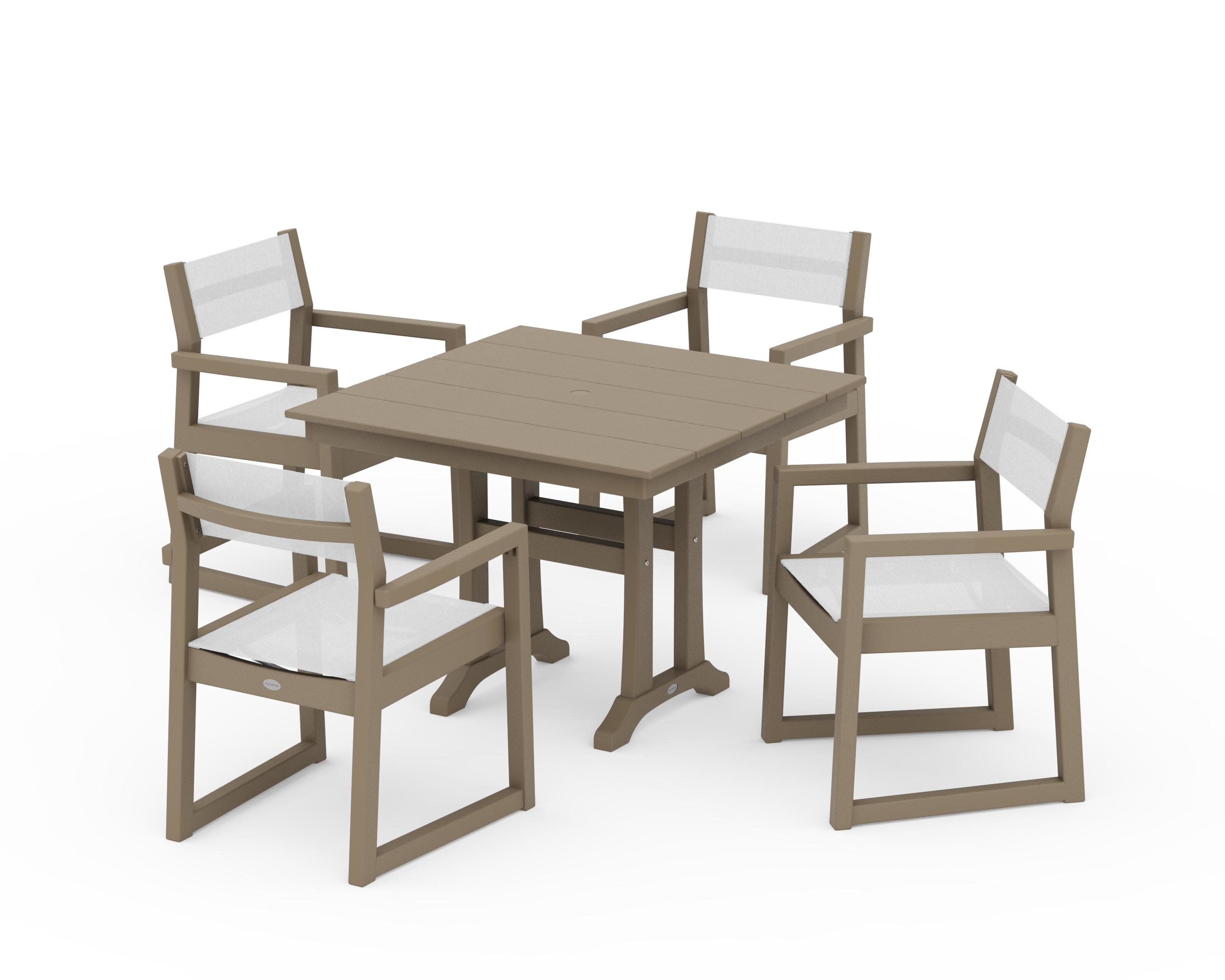 EDGE Sling 5-Piece Farmhouse Dining Set with Trestle Legs in Vintage Sahara / White Sling