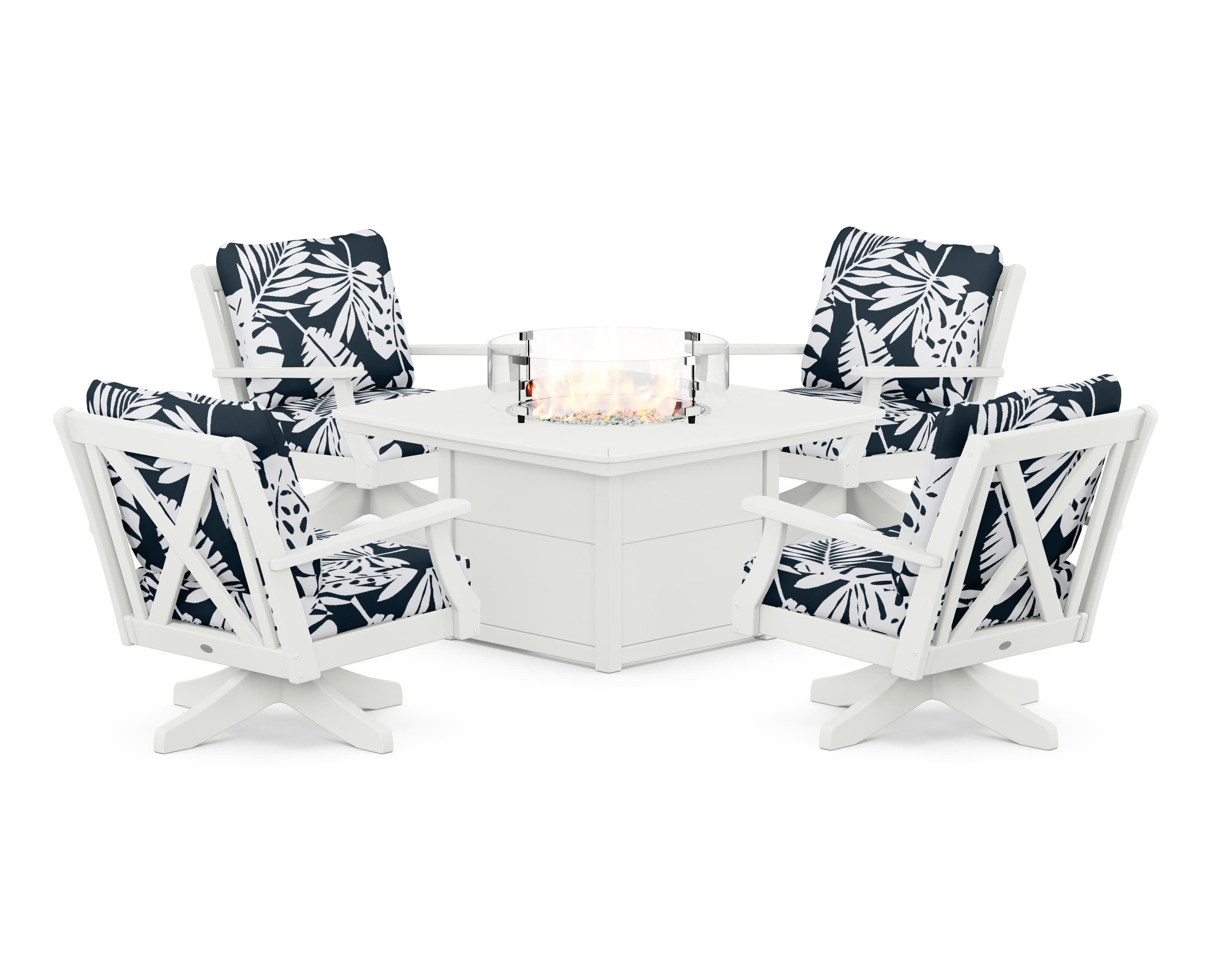 Braxton 5-Piece Deep Seating Swivel Conversation Set with Fire Pit Table in Vintage White / Leaf Marine Indigo