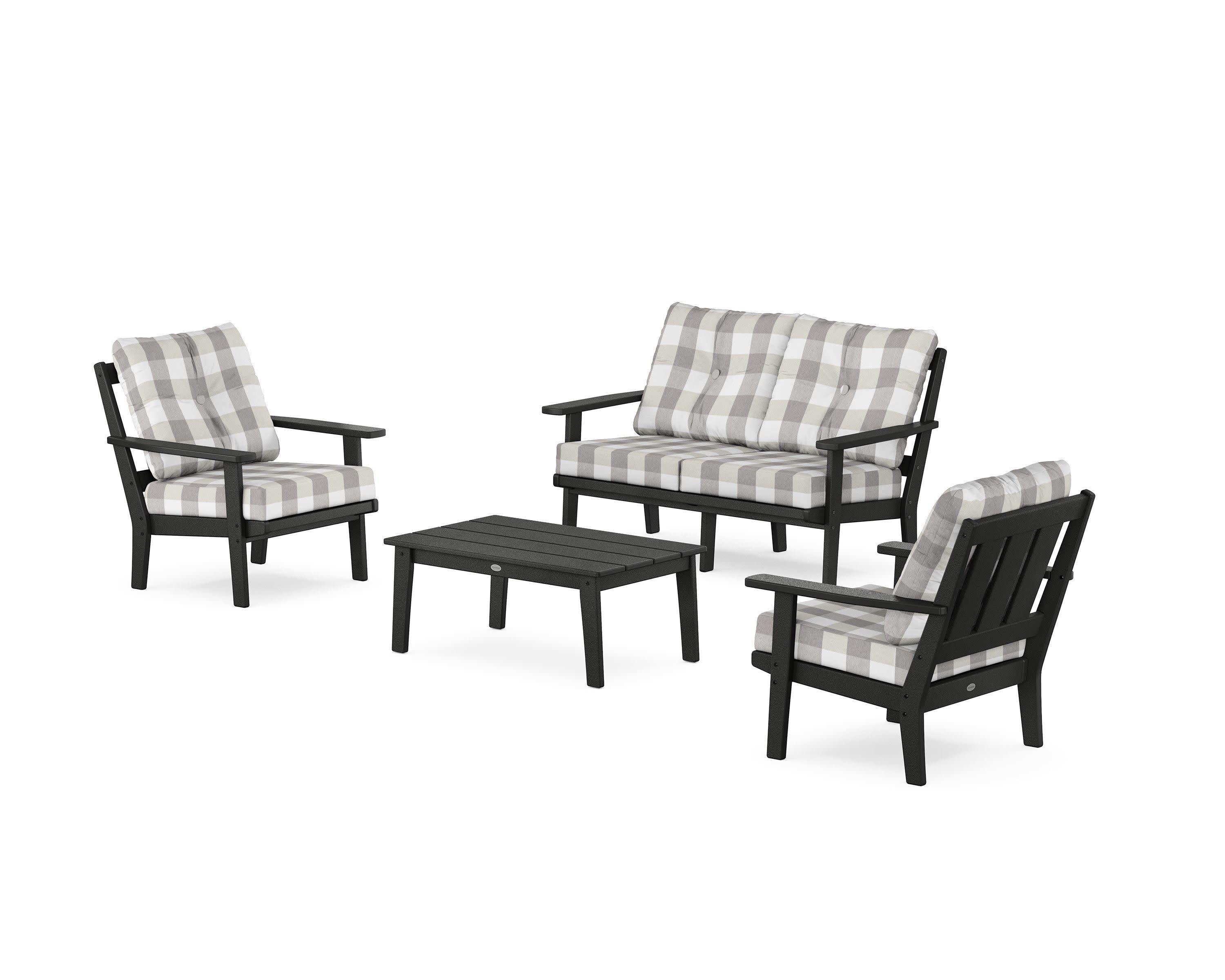 Oxford 4-Piece Deep Seating Set with Loveseat in Black / Buffalo Plaid Grey Mist