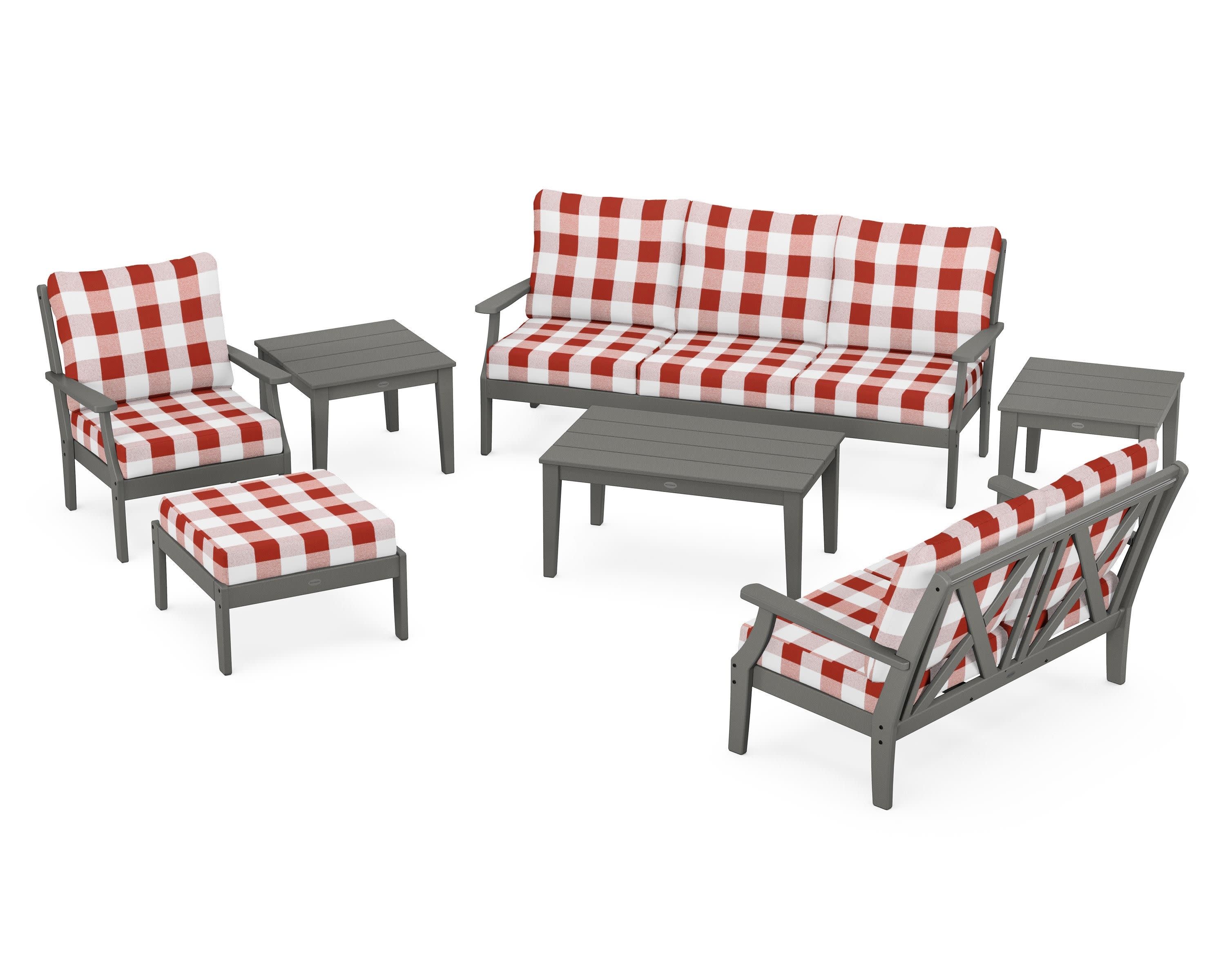 Braxton 7-Piece Deep Seating Set in Slate Grey / Buffalo Plaid Crimson