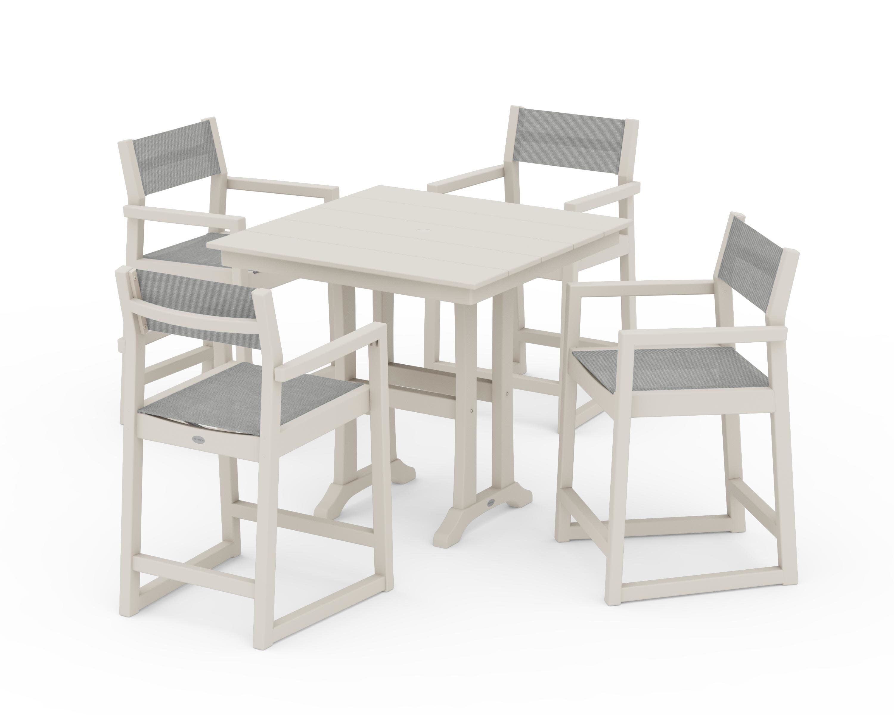 EDGE Sling Arm Chair 5-Piece Farmhouse Counter Set with Trestle Legs in Sand / Metallic Sling